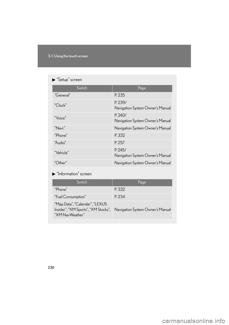 Lexus GS350 2011  Owners Manual 230
3-1. Using the touch screen
GS_G_U (OM30C11U)
October 28, 2011 5:15 pm
“Setup” screen
“Information” screen
SwitchPa g e
“General”P.  2 3 5
“Clock”P.  2 3 9 /
Navigation System Owne