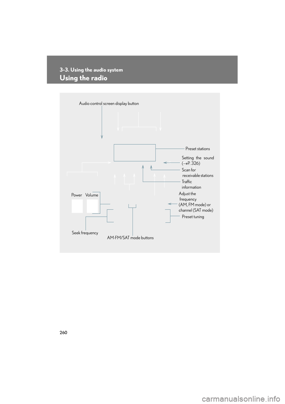 Lexus GS350 2011 Owners Manual 260
3-3. Using the audio system
GS_G_U (OM30C11U)
October 28, 2011 5:15 pm
Using the radio
Audio control screen display button
Po we r Vo l u m e Seek frequency Preset tuning
Adjust the
frequency
(A Lexus GS350 2011 Owners Manual 260
3-3. Using the audio system
GS_G_U (OM30C11U)
October 28, 2011 5:15 pm
Using the radio
Audio control screen display button
Po we r Vo l u m e Seek frequency Preset tuning
Adjust the
frequency
(A