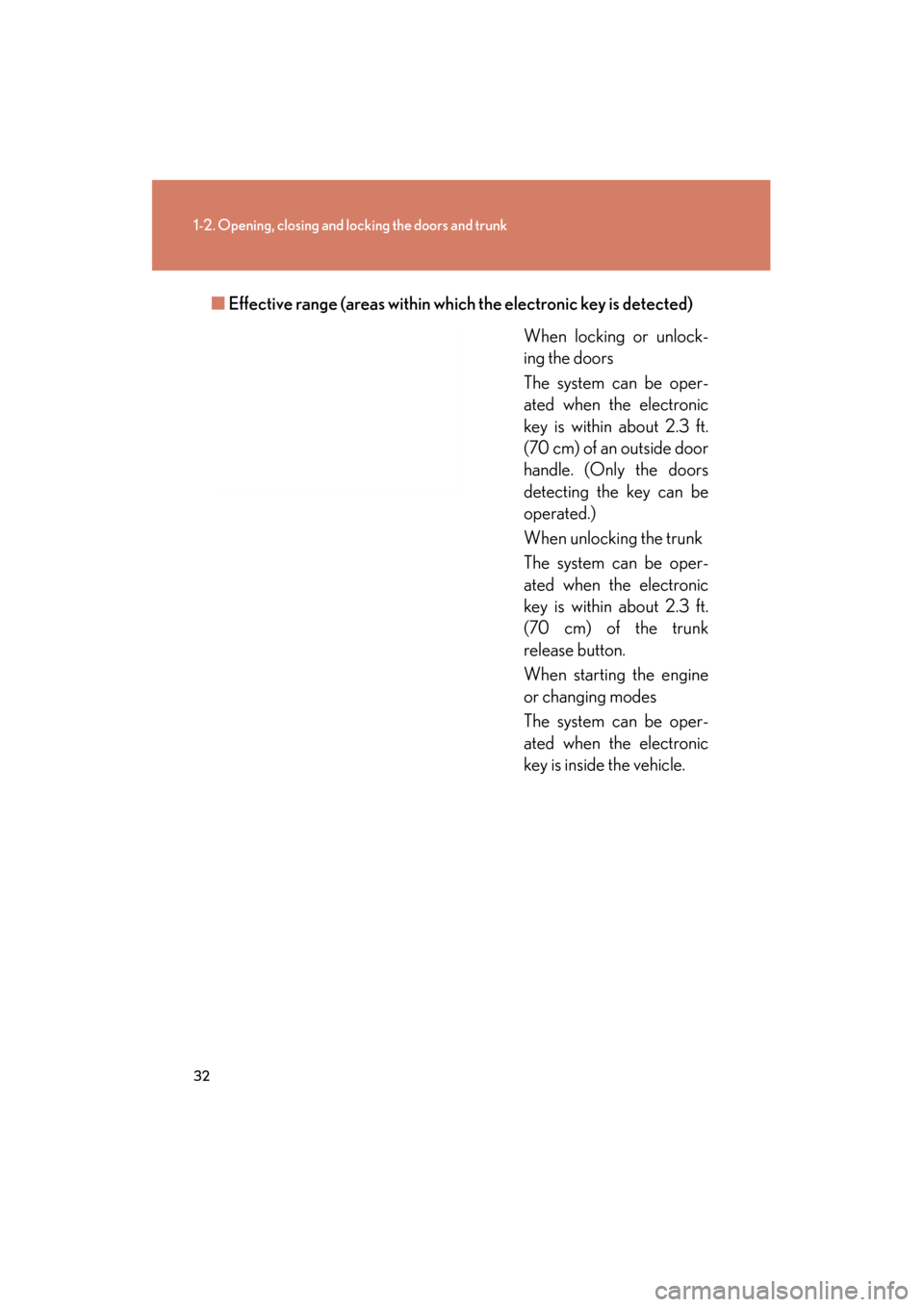 Lexus GS350 2011 User Guide 32
1-2. Opening, closing and locking the doors and trunk
GS_G_U (OM30C11U)
October 28, 2011 5:15 pm
■Effective range (areas within wh ich the electronic key is detected)
When locking or unlock-
ing Lexus GS350 2011 User Guide 32
1-2. Opening, closing and locking the doors and trunk
GS_G_U (OM30C11U)
October 28, 2011 5:15 pm
■Effective range (areas within wh ich the electronic key is detected)
When locking or unlock-
ing