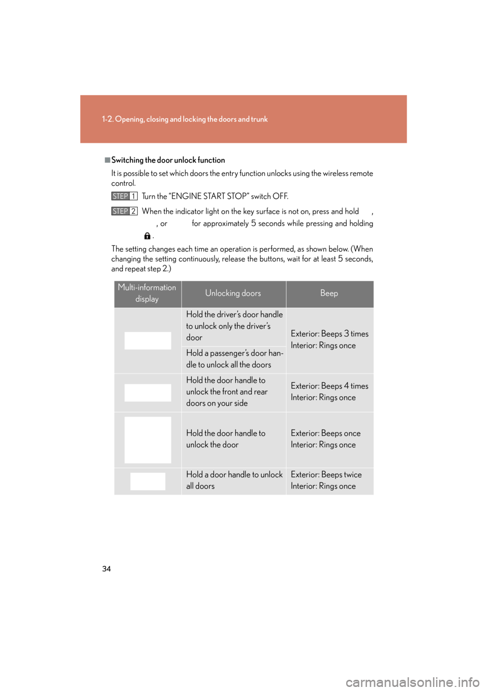 Lexus GS350 2011 User Guide 34
1-2. Opening, closing and locking the doors and trunk
GS_G_U (OM30C11U)
October 28, 2011 5:15 pm
■Switching the door unlock function
It is possible to set which doors the entry function unlocks u Lexus GS350 2011 User Guide 34
1-2. Opening, closing and locking the doors and trunk
GS_G_U (OM30C11U)
October 28, 2011 5:15 pm
■Switching the door unlock function
It is possible to set which doors the entry function unlocks u