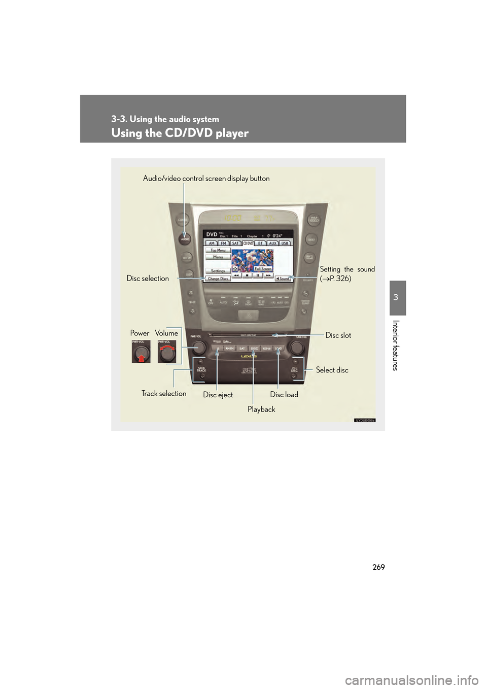 Lexus GS350 2010 User Guide 269
3-3. Using the audio system
3
Interior features
GS_G_U (OM30C80U)
January 27, 2010 4:47 pm
Using the CD/DVD player
Select discDisc slot
Disc selection
Pow e r Vo l u m e
Disc ejectPlayback
Track s Lexus GS350 2010 User Guide 269
3-3. Using the audio system
3
Interior features
GS_G_U (OM30C80U)
January 27, 2010 4:47 pm
Using the CD/DVD player
Select discDisc slot
Disc selection
Pow e r Vo l u m e
Disc ejectPlayback
Track s