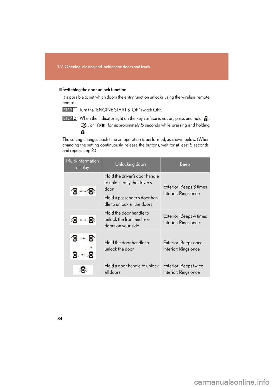 Lexus GS350 2010 Owners Manual 34
1-2. Opening, closing and locking the doors and trunk
GS_G_U (OM30C80U)
January 27, 2010 4:47 pm
■Switching the door unlock function
It is possible to set which doors the entry function unlocks u Lexus GS350 2010 Owners Manual 34
1-2. Opening, closing and locking the doors and trunk
GS_G_U (OM30C80U)
January 27, 2010 4:47 pm
■Switching the door unlock function
It is possible to set which doors the entry function unlocks u