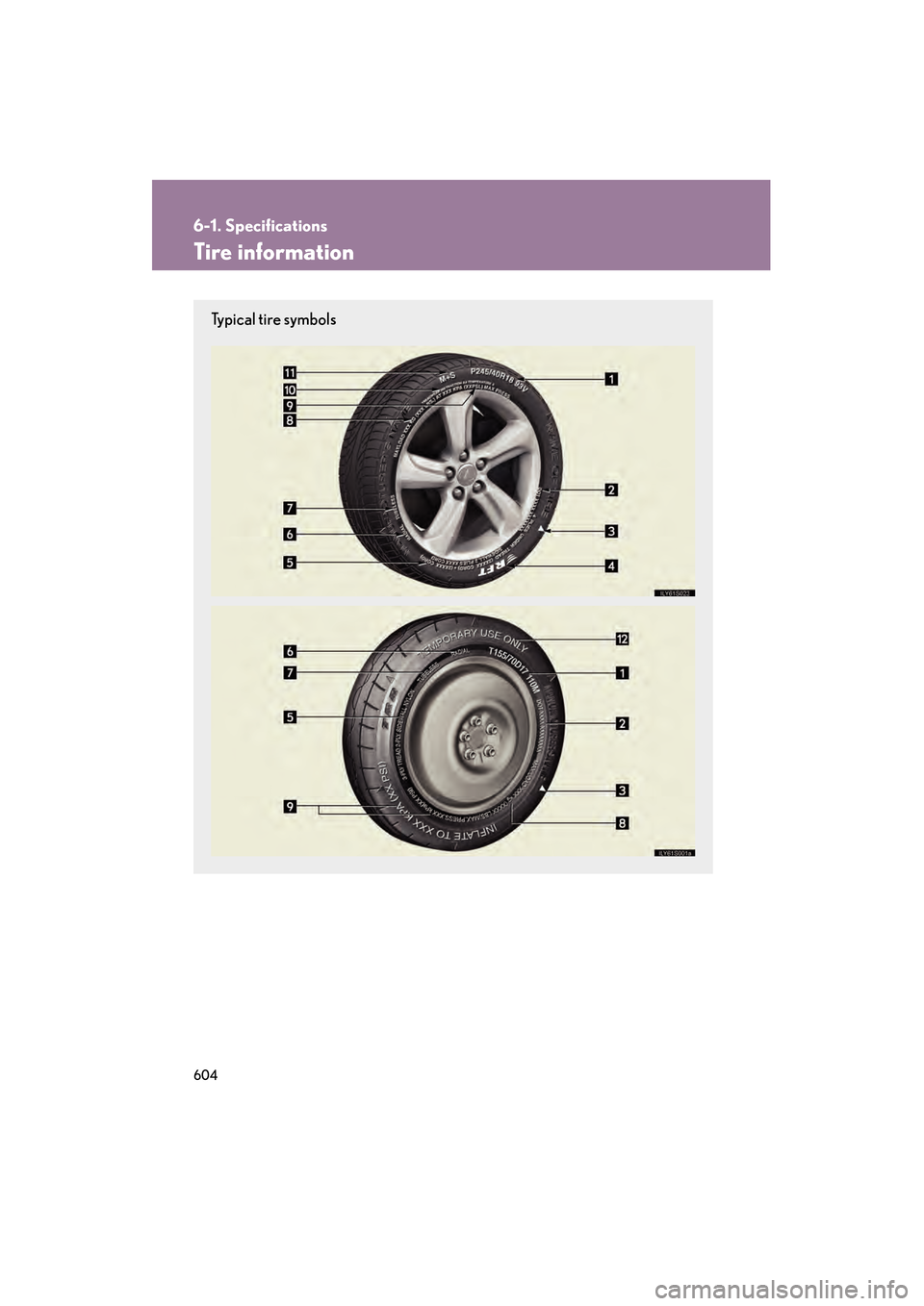 Lexus GS350 2010  Owners Manual 604
6-1. Specifications
GS_G_U (OM30C80U)
January 27, 2010 4:47 pm
Tire information
Ty p i c a l  t i r e  s y m b o l s
GS_U_G.book  Page 604  Wednesday, January 27, 2010  4:48 PM 