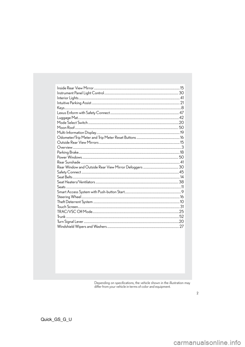 Lexus GS350 2010 Do-It-Yourself Maintenance / LEXUS 2010 GS460/350 QUICK GUIDE OWNERS MANUAL (OM30B76U) 2
Quick_GS_G_U
Depending on specifications, the vehicle shown in the illustration may
differ from your vehicle in terms of color and equipment.
Inside Rear View Mirror ................................ Lexus GS350 2010 Do-It-Yourself Maintenance / LEXUS 2010 GS460/350 QUICK GUIDE OWNERS MANUAL (OM30B76U) 2
Quick_GS_G_U
Depending on specifications, the vehicle shown in the illustration may
differ from your vehicle in terms of color and equipment.
Inside Rear View Mirror ................................