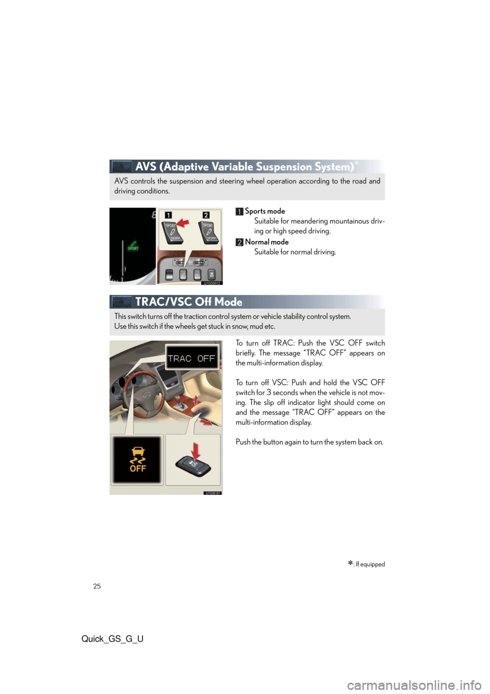 Lexus GS350 2010  Do-It-Yourself Maintenance / LEXUS 2010 GS460/350 QUICK GUIDE  (OM30B76U) Owners Manual 25
Quick_GS_G_U
AVS (Adaptive Variable Suspension System)
Sports mode
Suitable for meandering mountainous driv-
ing or high speed driving.
Normal mode
Suitable for normal driving.
TRAC/VSC Off Mode