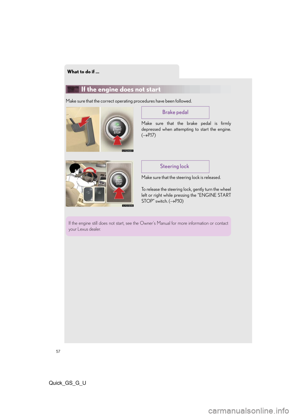 Lexus GS350 2010  Do-It-Yourself Maintenance / LEXUS 2010 GS460/350 QUICK GUIDE OWNERS MANUAL (OM30B76U) What to do if ...
57
Quick_GS_G_U
If the engine does not start
Make sure that the correct operating procedures have been followed.
Make sure that the brake pedal is firmly
depressed when attempting to