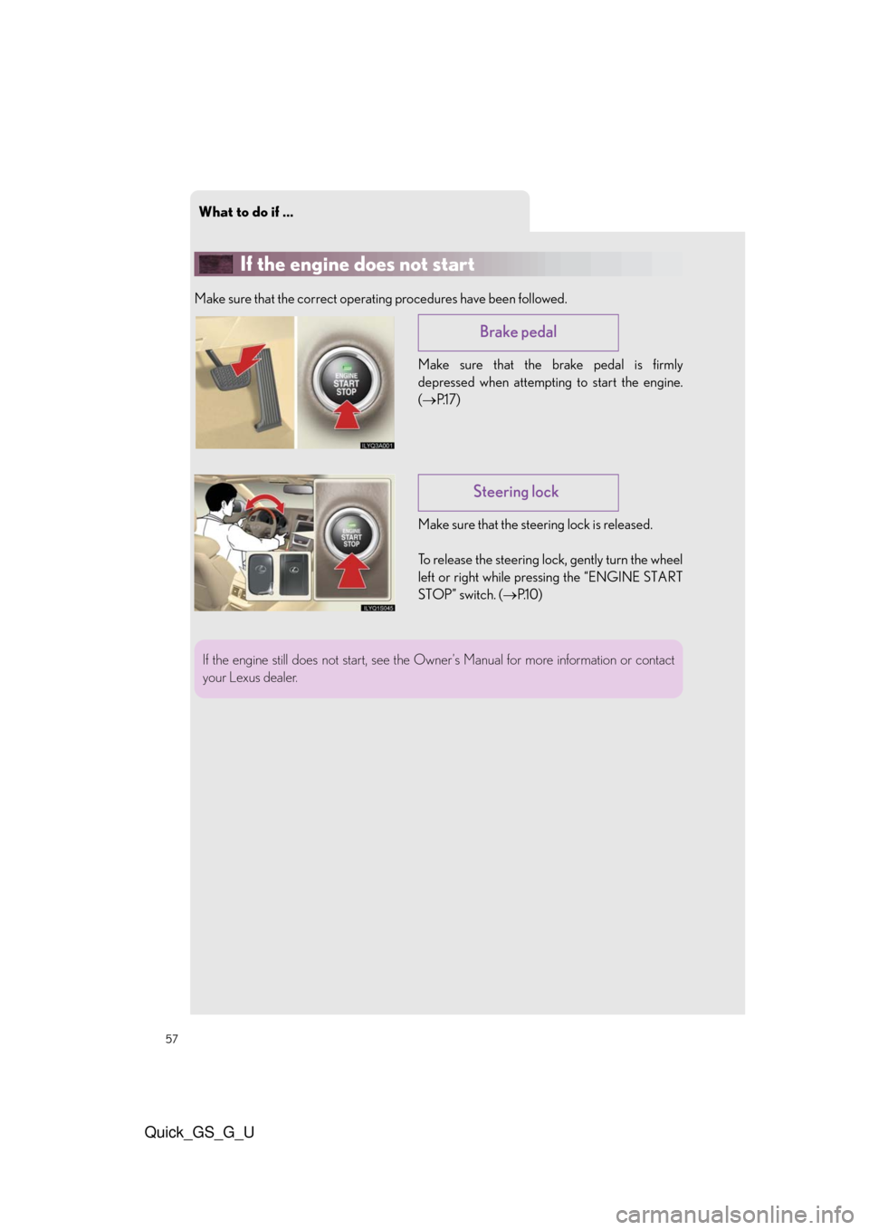 Lexus GS350 2010 Do-It-Yourself Maintenance / LEXUS 2010 GS460/350 QUICK GUIDE (OM30B76U) Workshop Manual What to do if ...
57
Quick_GS_G_U
If the engine does not start
Make sure that the correct operating procedures have been followed.
Make sure that the brake pedal is firmly
depressed when attempting to Lexus GS350 2010 Do-It-Yourself Maintenance / LEXUS 2010 GS460/350 QUICK GUIDE (OM30B76U) Workshop Manual What to do if ...
57
Quick_GS_G_U
If the engine does not start
Make sure that the correct operating procedures have been followed.
Make sure that the brake pedal is firmly
depressed when attempting to