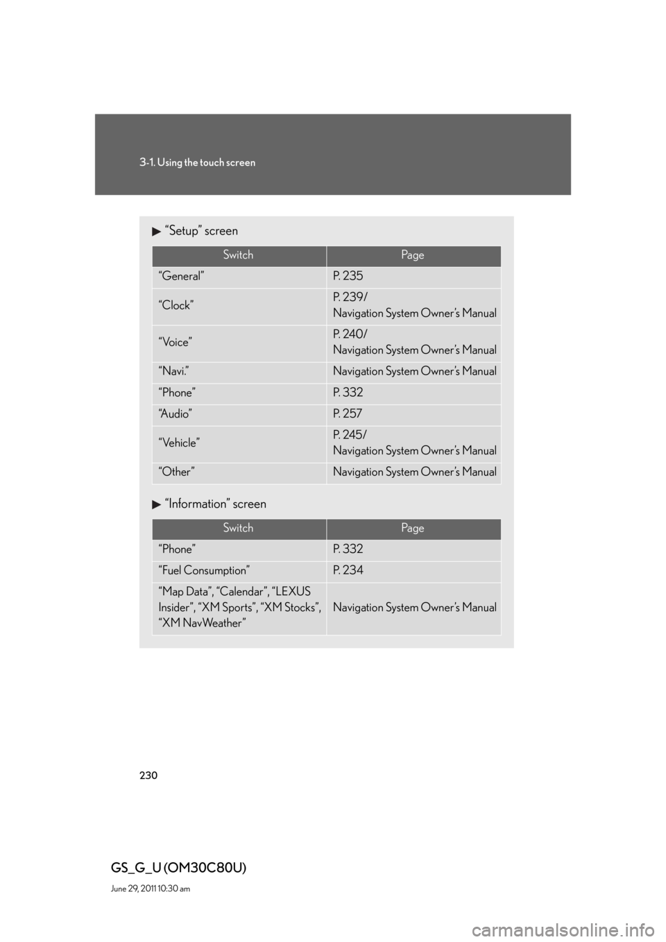 Lexus GS350 2010  Do-It-Yourself Maintenance / LEXUS 2010 GS460 GS350 OWNERS MANUAL (OM30C80U) 230
3-1. Using the touch screen
GS_G_U (OM30C80U)
June 29, 2011 10:30 am
“Setup” screen
“Information” screen
SwitchPa g e
“General”P.  2 3 5
“Clock”P.  2 3 9 /
Navigation System Owner