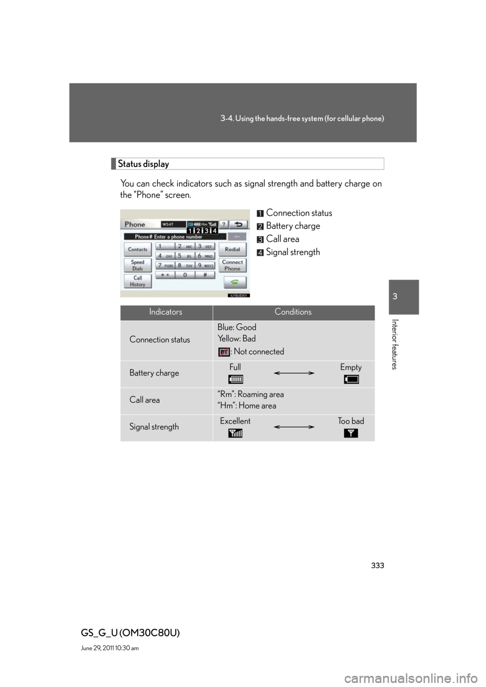 Lexus GS350 2010 Do-It-Yourself Maintenance / LEXUS 2010 GS460 GS350 OWNERS MANUAL (OM30C80U) 333
3-4. Using the hands-free system (for cellular phone)
3
Interior features
GS_G_U (OM30C80U)
June 29, 2011 10:30 am
Status display
You can check indicators such as signal strength and battery charg Lexus GS350 2010 Do-It-Yourself Maintenance / LEXUS 2010 GS460 GS350 OWNERS MANUAL (OM30C80U) 333
3-4. Using the hands-free system (for cellular phone)
3
Interior features
GS_G_U (OM30C80U)
June 29, 2011 10:30 am
Status display
You can check indicators such as signal strength and battery charg