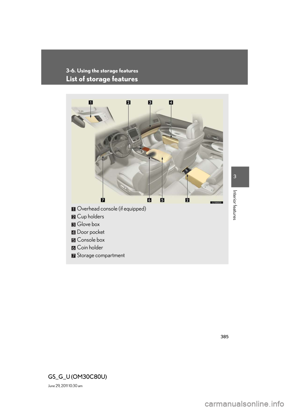 Lexus GS350 2010  Do-It-Yourself Maintenance / LEXUS 2010 GS460 GS350 OWNERS MANUAL (OM30C80U) 385
3
Interior features
GS_G_U (OM30C80U)
June 29, 2011 10:30 am
3-6. Using the storage features
List of storage features
Overhead console (if equipped)
Cup holders
Glove box
Door pocket
Console box
C