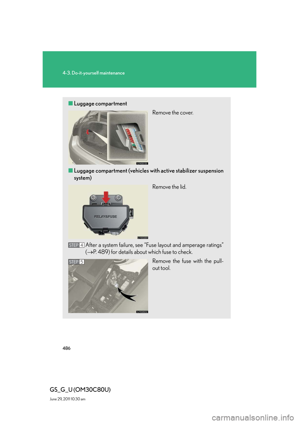Lexus GS350 2010  Do-It-Yourself Maintenance / LEXUS 2010 GS460 GS350 OWNERS MANUAL (OM30C80U) 486
4-3. Do-it-yourself maintenance
GS_G_U (OM30C80U)
June 29, 2011 10:30 am
■Luggage compartment
Remove the cover.
■Luggage compartment (vehicles with active stabilizer suspension 
system)
Remove