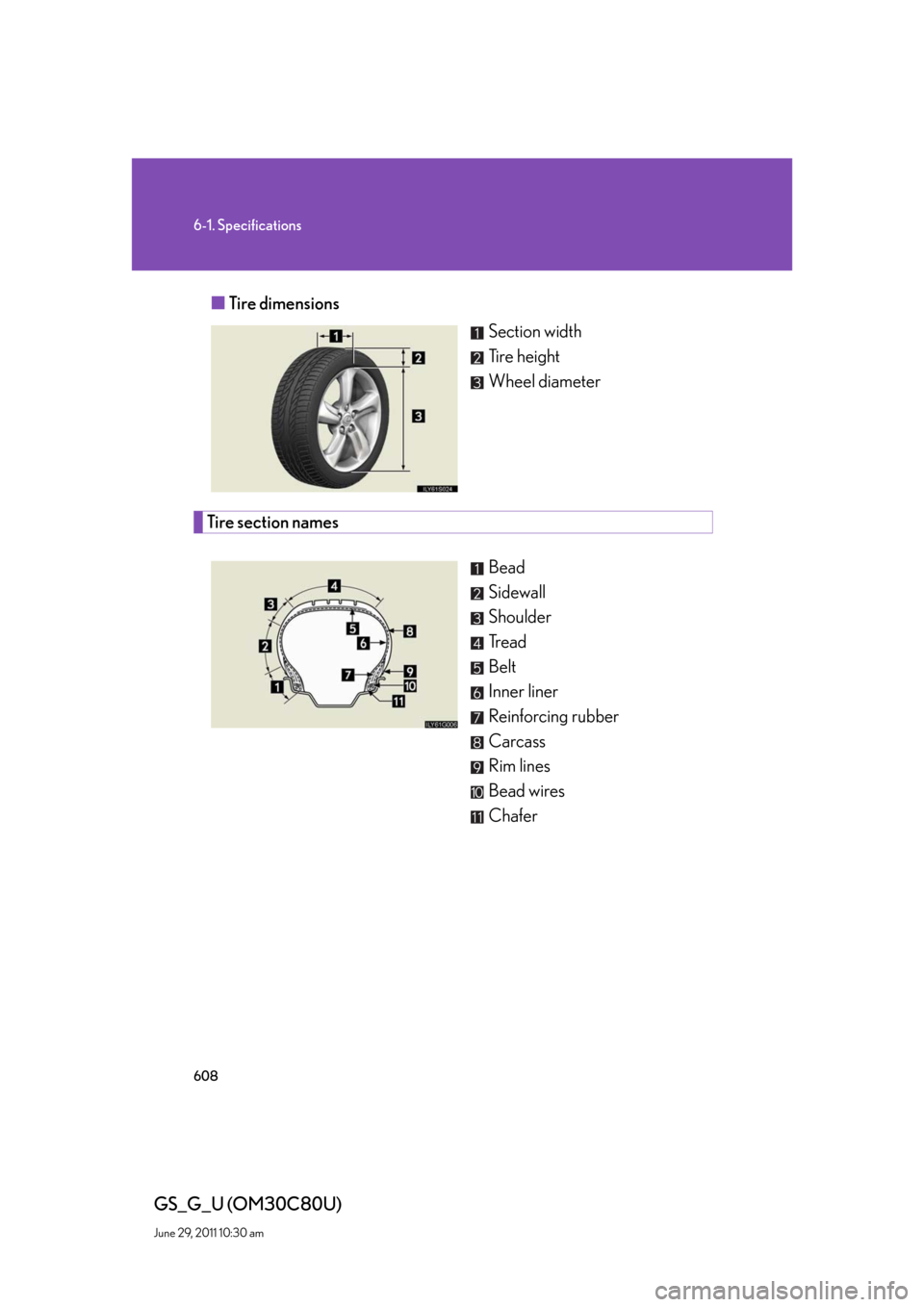 Lexus GS350 2010  Do-It-Yourself Maintenance / LEXUS 2010 GS460 GS350 OWNERS MANUAL (OM30C80U) 608
6-1. Specifications
GS_G_U (OM30C80U)
June 29, 2011 10:30 am
■Tire dimensions
Section width
Ti r e  h e i g h t
Wheel diameter
Tire section names
Bead
Sidewall
Shoulder
Tread
Belt
Inner liner
Re