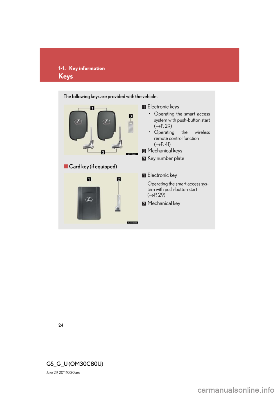Lexus GS350 2010  Specifications / LEXUS 2010 GS460 GS350  (OM30C80U) Owners Manual 24
GS_G_U (OM30C80U)
June 29, 2011 10:30 am
1-1. Key information
Keys
The following keys are provided with the vehicle.
Electronic keys
• Operating the smart access 
system with push-button start 
(