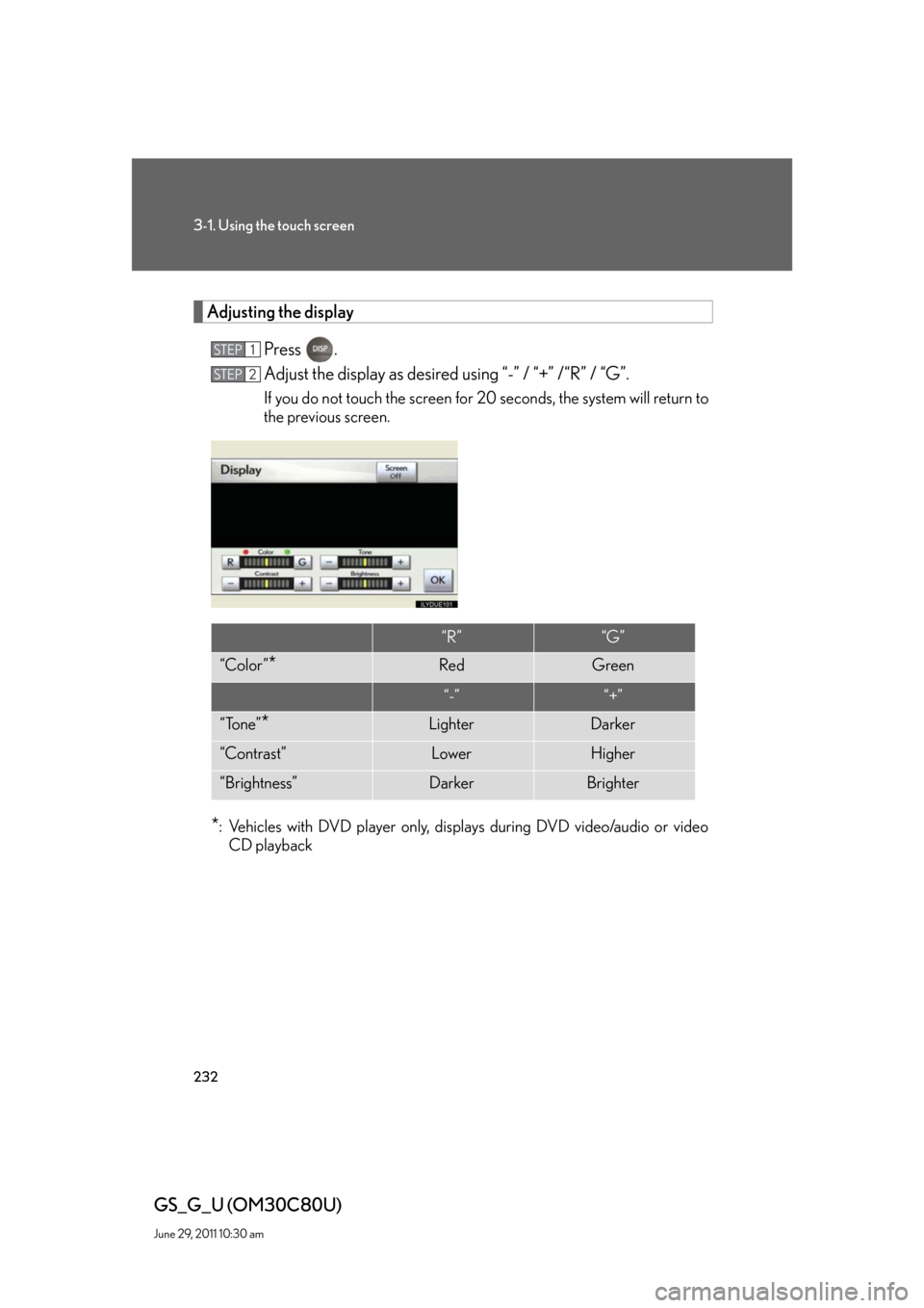 Lexus GS350 2010  Specifications / LEXUS 2010 GS460 GS350 OWNERS MANUAL (OM30C80U) 232
3-1. Using the touch screen
GS_G_U (OM30C80U)
June 29, 2011 10:30 am
Adjusting the display
Press .
Adjust the display as desired using “-” / “+” /“R” / “G”.
If you do not touch the