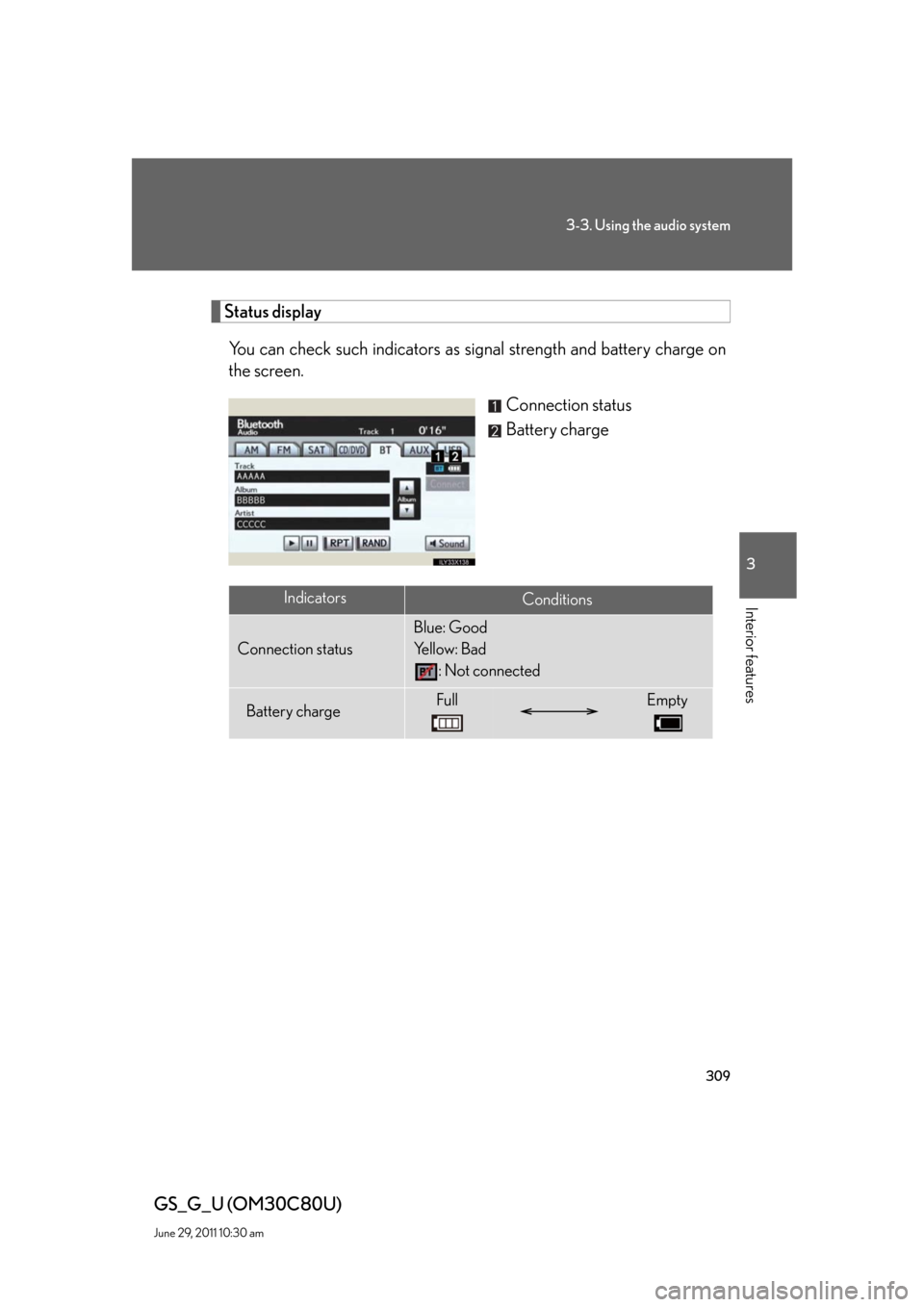 Lexus GS350 2010  Specifications / LEXUS 2010 GS460 GS350 OWNERS MANUAL (OM30C80U) 309
3-3. Using the audio system
3
Interior features
GS_G_U (OM30C80U)
June 29, 2011 10:30 am
Status display
You can check such indicators as signal strength and battery charge on 
the screen.
Connecti
