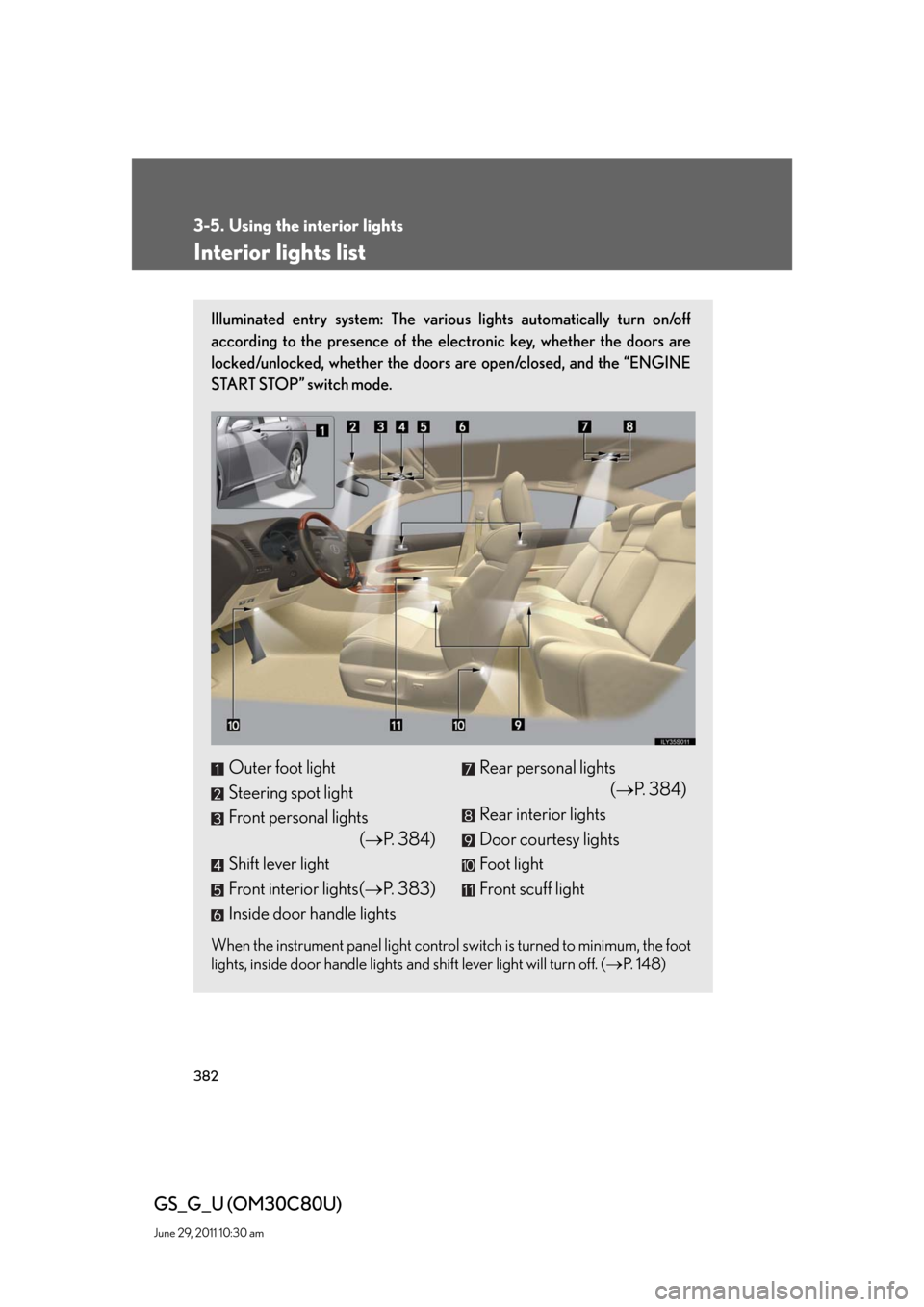 Lexus GS350 2010  Specifications / LEXUS 2010 GS460 GS350 OWNERS MANUAL (OM30C80U) 382
GS_G_U (OM30C80U)
June 29, 2011 10:30 am
3-5. Using the interior lights
Interior lights list
Illuminated entry system: The various lights automatically turn on/off 
according to the presence of th