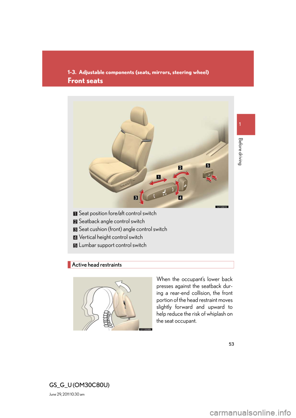 Lexus GS350 2010  Specifications / LEXUS 2010 GS460 GS350 OWNERS MANUAL (OM30C80U) 53
1
Before driving
GS_G_U (OM30C80U)
June 29, 2011 10:30 am
1-3. Adjustable components (seats, mirrors, steering wheel)
Front seats
Active head restraints
When the occupant’s lower back 
presses ag