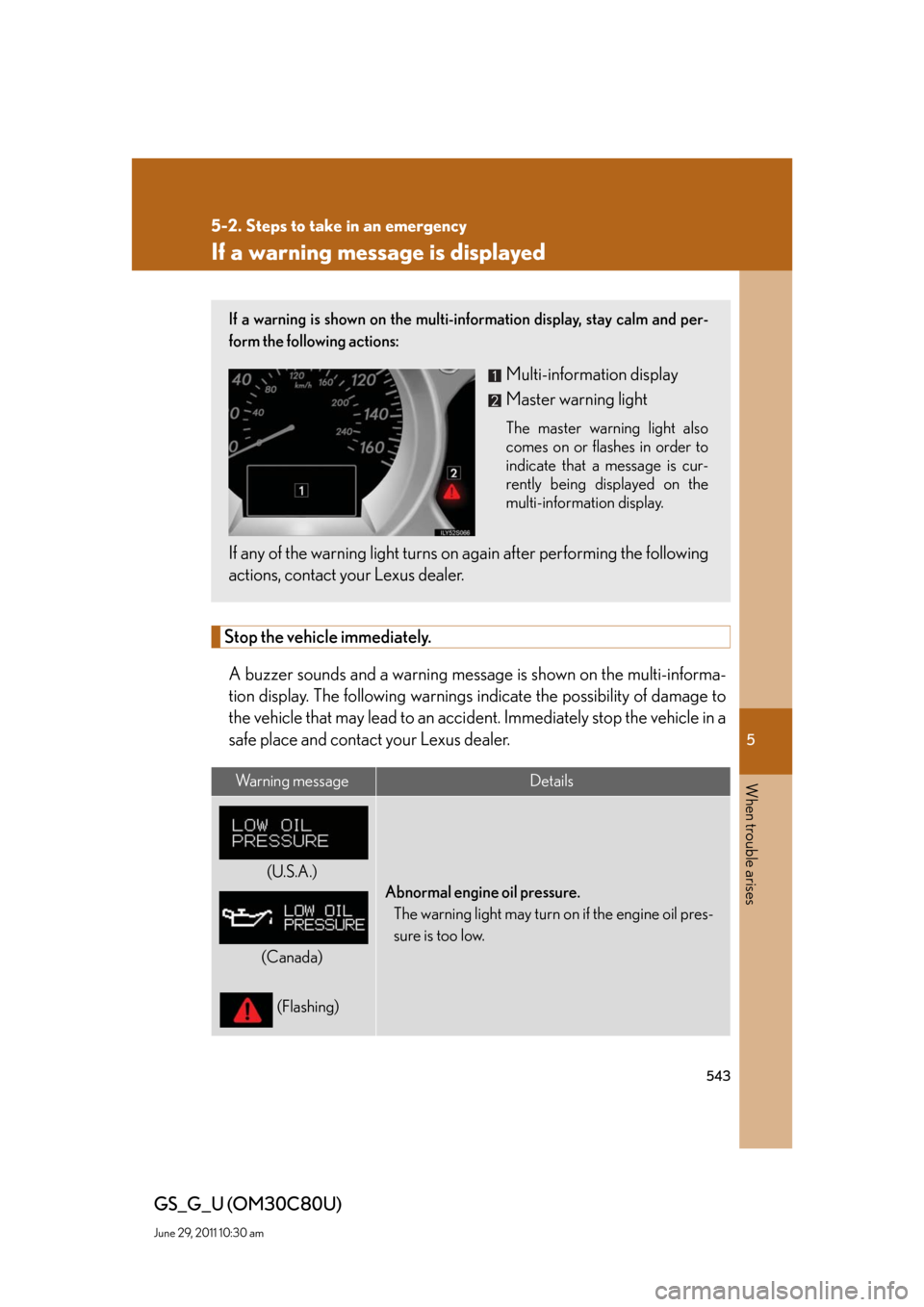 Lexus GS350 2010 Specifications / LEXUS 2010 GS460 GS350 OWNERS MANUAL (OM30C80U) 5
When trouble arises
543
5-2. Steps to take in an emergency
GS_G_U (OM30C80U)
June 29, 2011 10:30 am
If a warning message is displayed
Stop the vehicle immediately.
A buzzer sounds and a warning mess Lexus GS350 2010 Specifications / LEXUS 2010 GS460 GS350 OWNERS MANUAL (OM30C80U) 5
When trouble arises
543
5-2. Steps to take in an emergency
GS_G_U (OM30C80U)
June 29, 2011 10:30 am
If a warning message is displayed
Stop the vehicle immediately.
A buzzer sounds and a warning mess