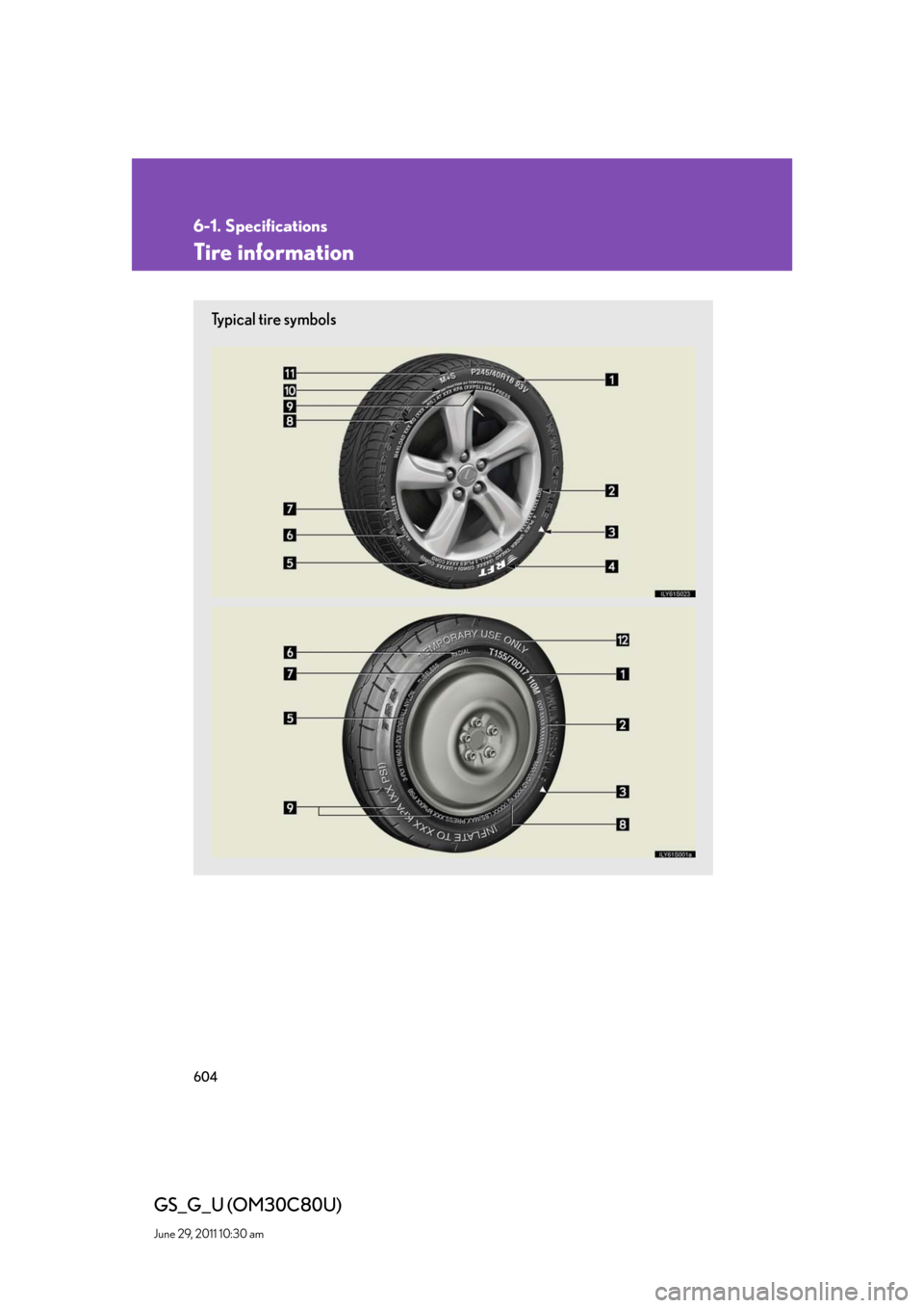 Lexus GS350 2010  Specifications / LEXUS 2010 GS460 GS350 OWNERS MANUAL (OM30C80U) 604
6-1. Specifications
GS_G_U (OM30C80U)
June 29, 2011 10:30 am
Tire information
Ty p i c a l  t i r e  s y m b o l s 