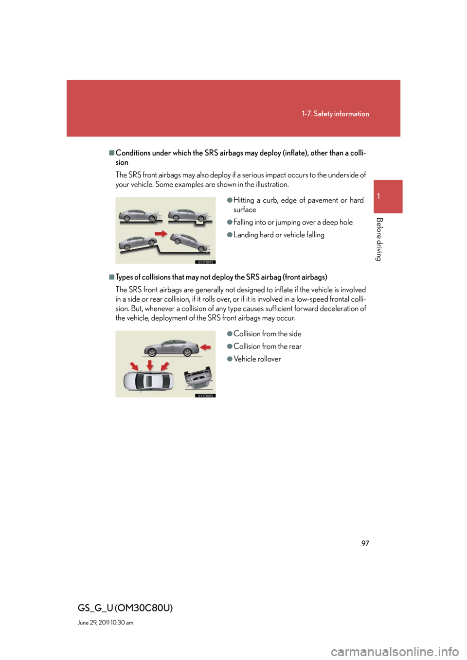 Lexus GS350 2010  Specifications / LEXUS 2010 GS460 GS350 OWNERS MANUAL (OM30C80U) 97
1-7. Safety information
1
Before driving
GS_G_U (OM30C80U)
June 29, 2011 10:30 am
■Conditions under which the SRS airbags may deploy (inflate), other than a colli-
sion
The SRS front airbags may 