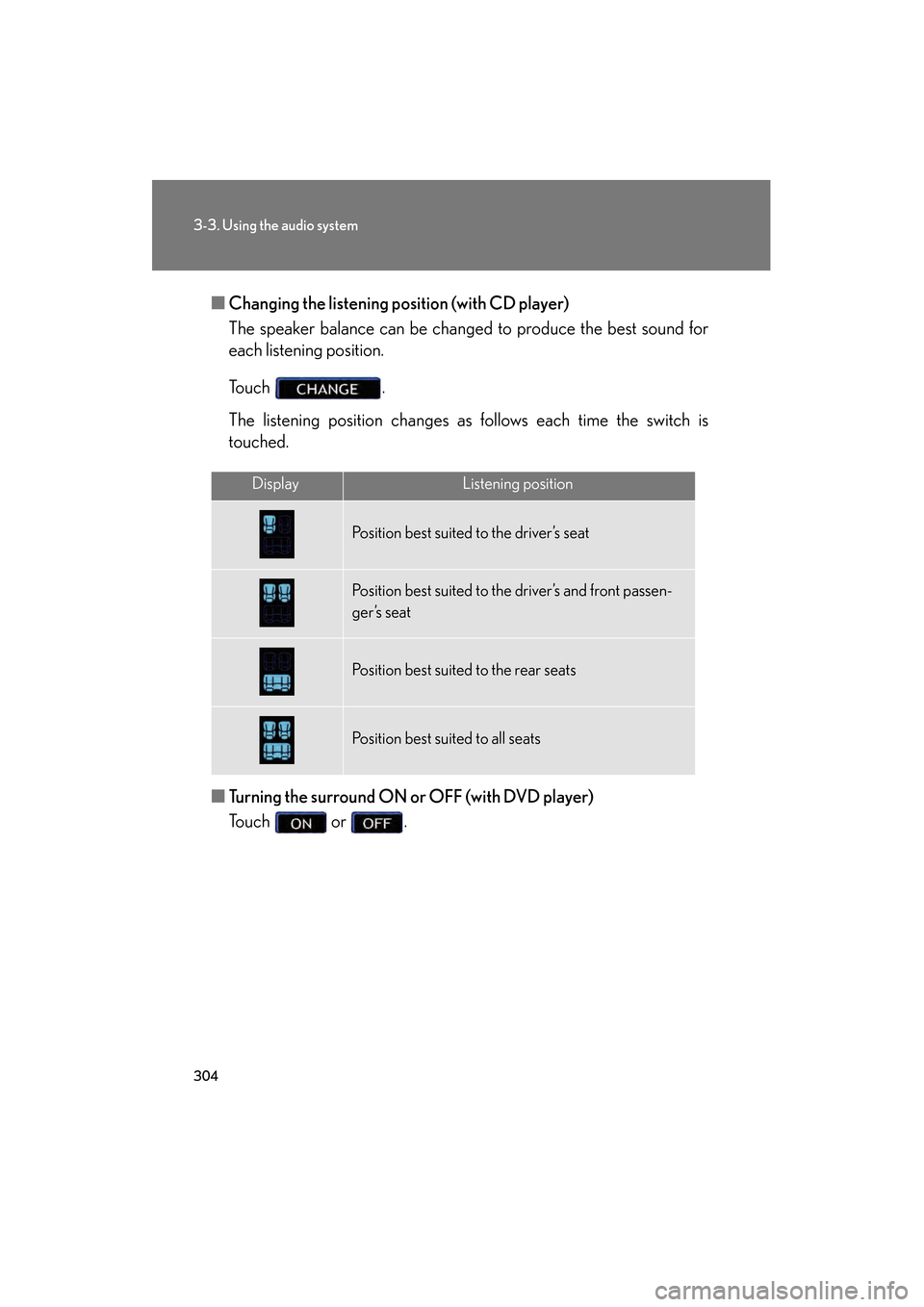 Lexus GS350 2009 Repair Manual 304
3-3. Using the audio system
GS_G_U (OM30B43U)
April 27, 2009 10:48 am
■Changing the listening position (with CD player)
The speaker balance can be change d to produce the best sound for
each lis Lexus GS350 2009 Repair Manual 304
3-3. Using the audio system
GS_G_U (OM30B43U)
April 27, 2009 10:48 am
■Changing the listening position (with CD player)
The speaker balance can be change d to produce the best sound for
each lis