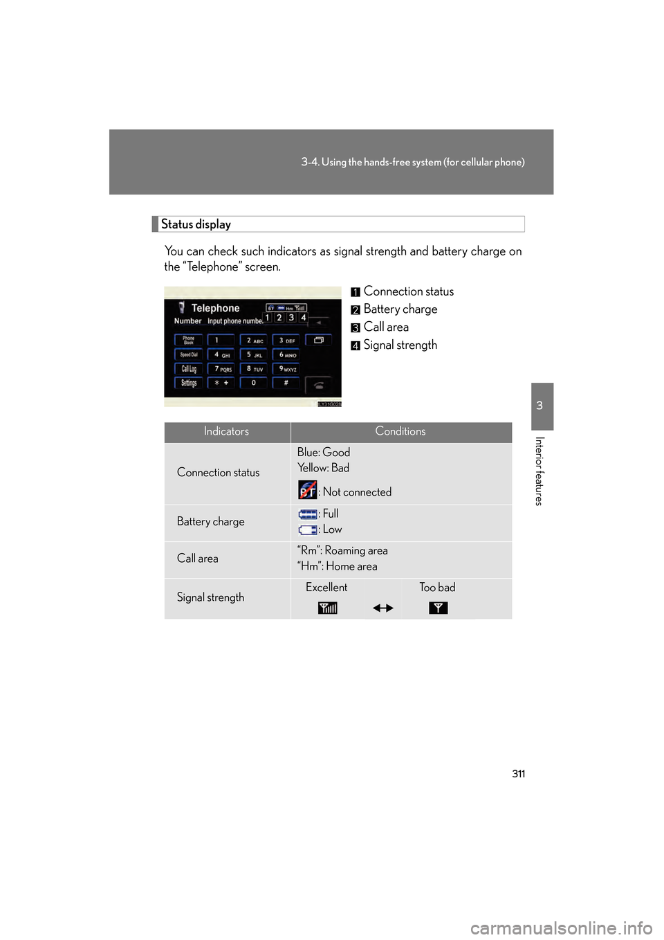 Lexus GS350 2009 Repair Manual 311
3-4. Using the hands-free system (for cellular phone)
3
Interior features
GS_G_U (OM30B43U)
April 27, 2009 10:48 am
Status displayYou can check such indicators as sig nal strength and battery char Lexus GS350 2009 Repair Manual 311
3-4. Using the hands-free system (for cellular phone)
3
Interior features
GS_G_U (OM30B43U)
April 27, 2009 10:48 am
Status displayYou can check such indicators as sig nal strength and battery char