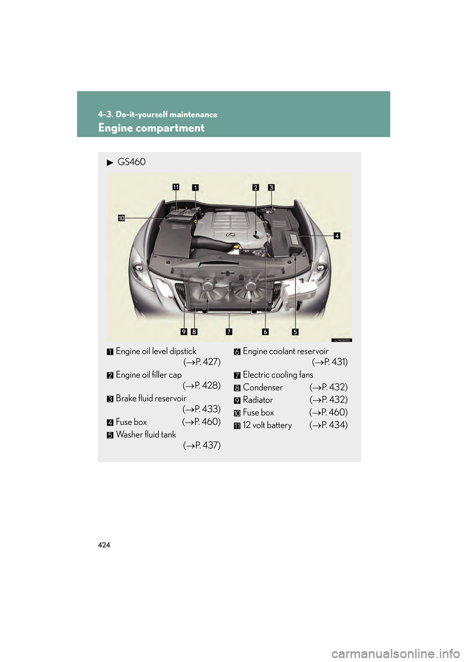 Lexus GS350 2009 Owners Manual 424
4-3. Do-it-yourself maintenance
GS_G_U (OM30B43U)
April 27, 2009 10:48 am
Engine compartment
GS460
Engine oil level dipstick(→P. 4 2 7 )
Engine oil filler cap (→P. 4 2 8 )
Brake fluid reser Lexus GS350 2009 Owners Manual 424
4-3. Do-it-yourself maintenance
GS_G_U (OM30B43U)
April 27, 2009 10:48 am
Engine compartment
GS460
Engine oil level dipstick(→P. 4 2 7 )
Engine oil filler cap (→P. 4 2 8 )
Brake fluid reser