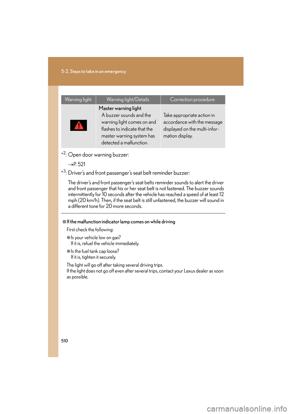 Lexus GS350 2009 Owners Manual 510
5-2. Steps to take in an emergency
GS_G_U (OM30B43U)
April 27, 2009 10:48 am
*2: Open door warning buzzer:
→P. 5 2 1
*
3: Driver’s and front passenger’s seat belt reminder buzzer:
The drive Lexus GS350 2009 Owners Manual 510
5-2. Steps to take in an emergency
GS_G_U (OM30B43U)
April 27, 2009 10:48 am
*2: Open door warning buzzer:
→P. 5 2 1
*
3: Driver’s and front passenger’s seat belt reminder buzzer:
The drive