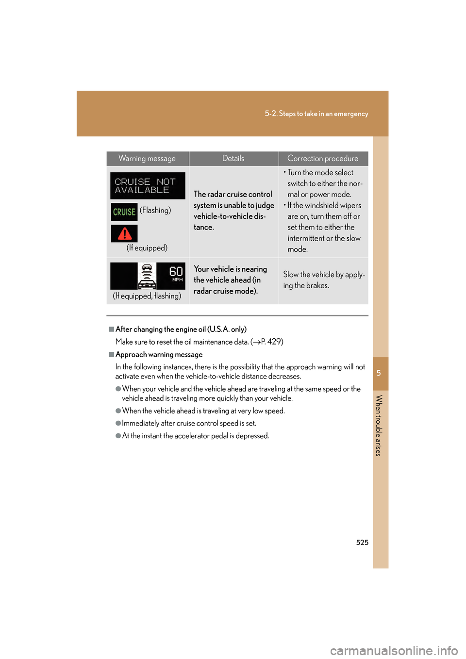 Lexus GS350 2009 Owners Manual 5
When trouble arises
525
5-2. Steps to take in an emergency
GS_G_U (OM30B43U)
April 27, 2009 10:48 am
Wa r n i n g m e s s a g eDetailsCorrection procedure
(Flashing)
(If equipped)
The radar cruise Lexus GS350 2009 Owners Manual 5
When trouble arises
525
5-2. Steps to take in an emergency
GS_G_U (OM30B43U)
April 27, 2009 10:48 am
Wa r n i n g m e s s a g eDetailsCorrection procedure
(Flashing)
(If equipped)
The radar cruise