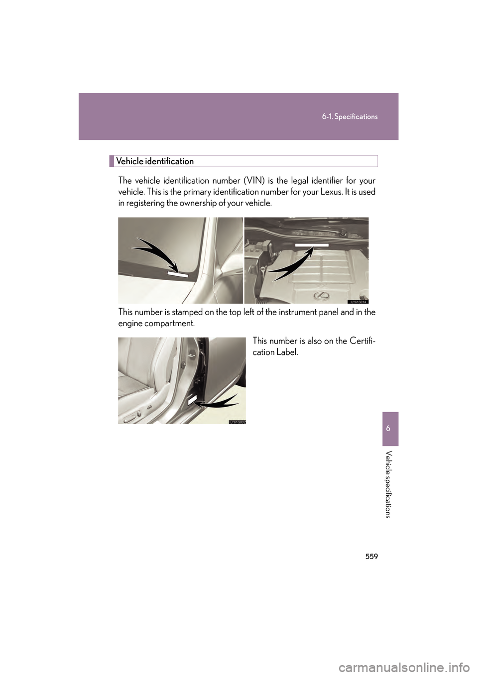 Lexus GS350 2009 Owners Manual 559
6-1. Specifications
6
Vehicle specifications
GS_G_U (OM30B43U)
April 27, 2009 10:48 am
Vehicle identificationThe vehicle identification number (V IN) is the legal identifier for your
vehicle. This Lexus GS350 2009 Owners Manual 559
6-1. Specifications
6
Vehicle specifications
GS_G_U (OM30B43U)
April 27, 2009 10:48 am
Vehicle identificationThe vehicle identification number (V IN) is the legal identifier for your
vehicle. This