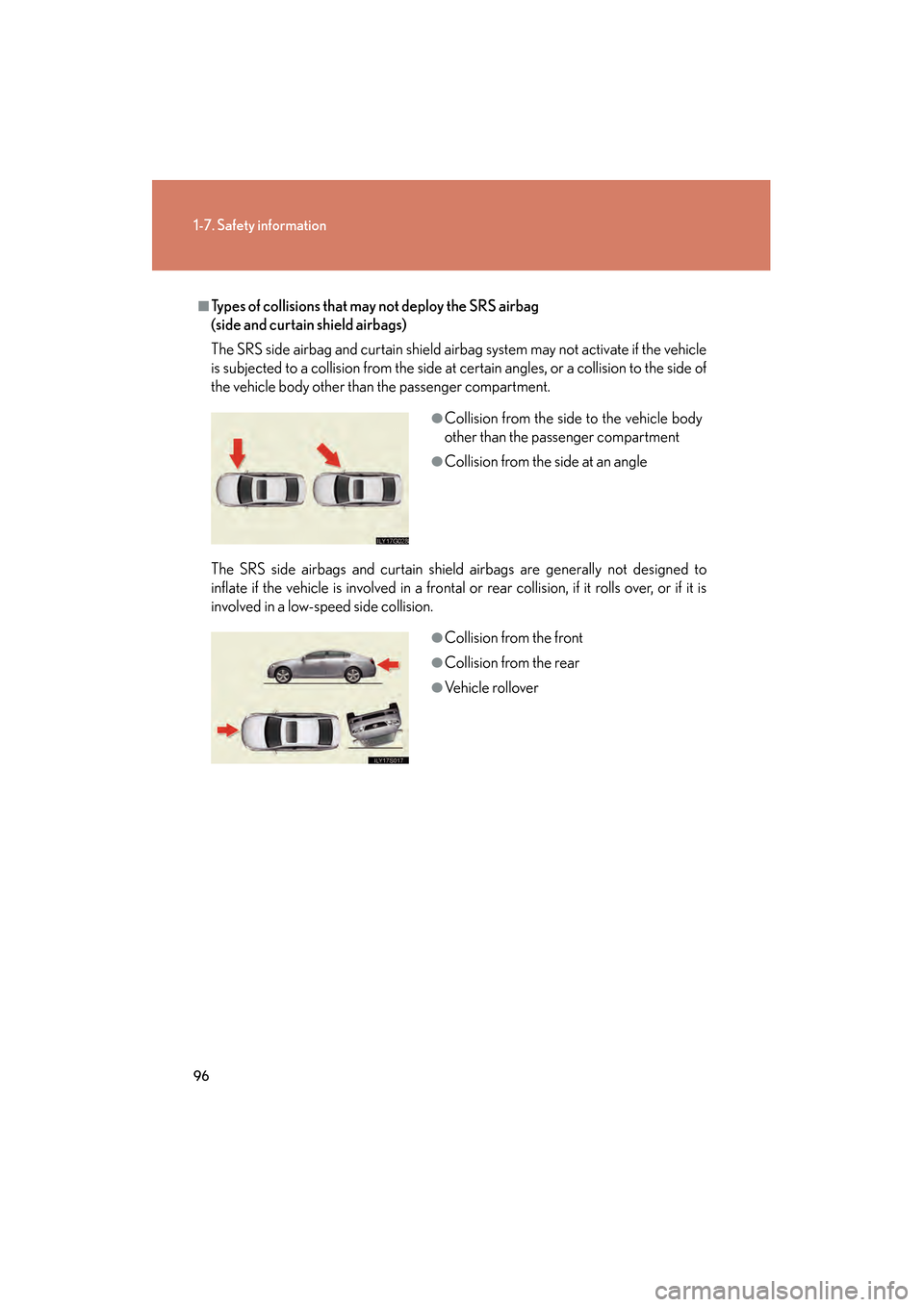Lexus GS350 2009 Owners Manual 96
1-7. Safety information
GS_G_U (OM30B43U)
April 27, 2009 10:48 am
■Types of collisions that may not deploy the SRS airbag 
(side and curtain shield airbags)
The SRS side airbag and curtain shield