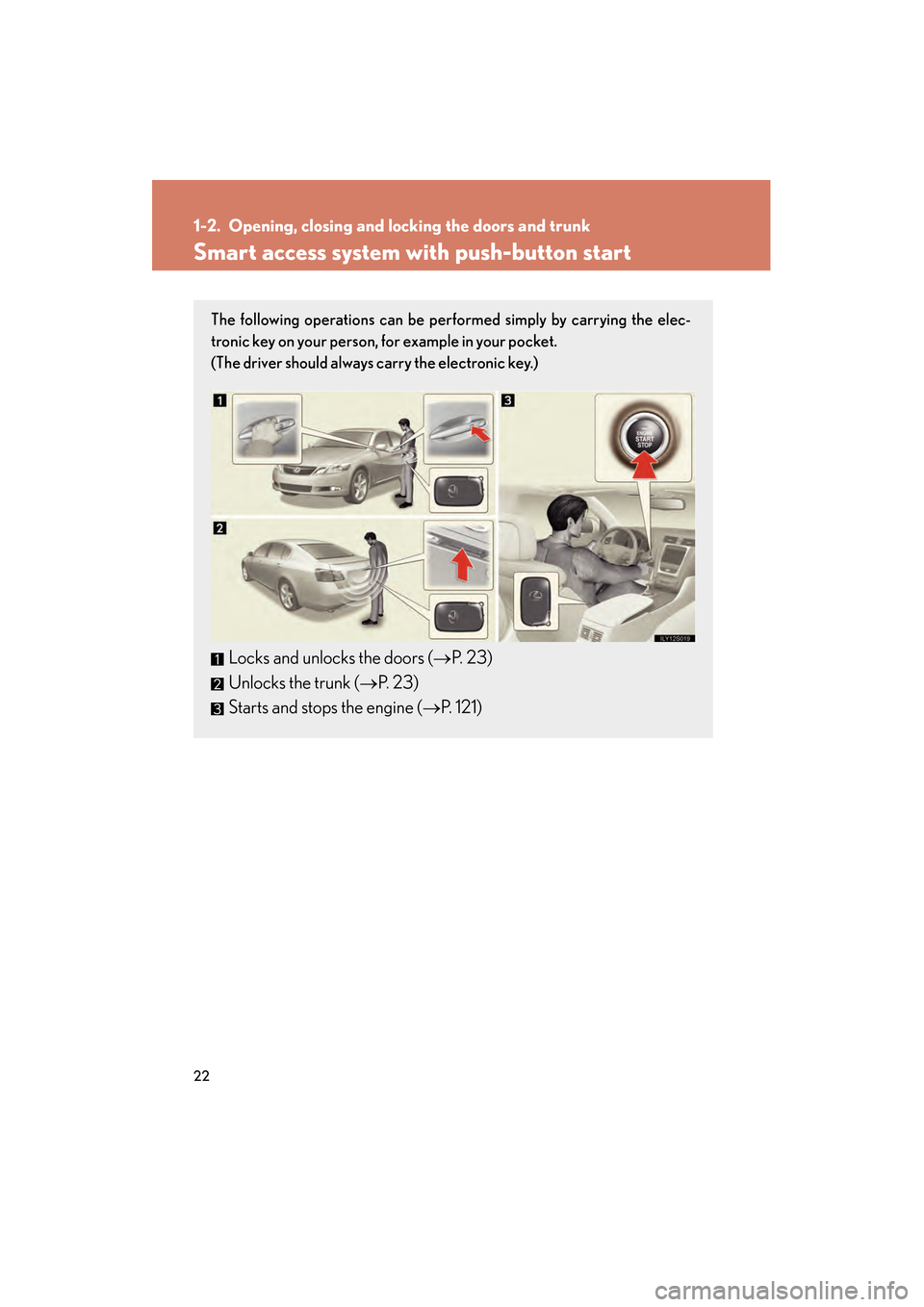 Lexus GS350 2008 Owners Manual 22
GS_G_U
June 19, 2008 12:54 pm
1-2. Opening, closing and locking the doors and trunk
Smart access system with push-button start
The following operations can be performed simply by carrying the elec- Lexus GS350 2008 Owners Manual 22
GS_G_U
June 19, 2008 12:54 pm
1-2. Opening, closing and locking the doors and trunk
Smart access system with push-button start
The following operations can be performed simply by carrying the elec-