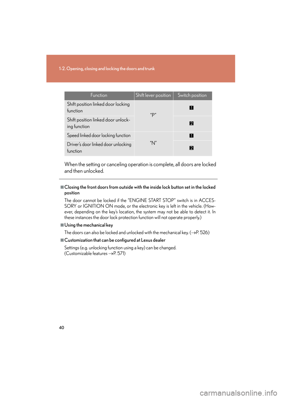 Lexus GS350 2008  Owners Manual 40
1-2. Opening, closing and locking the doors and trunk
GS_G_U
June 19, 2008 12:54 pm
When the setting or canceling operation is complete, all doors are locked
and then unlocked.
FunctionShift lever 