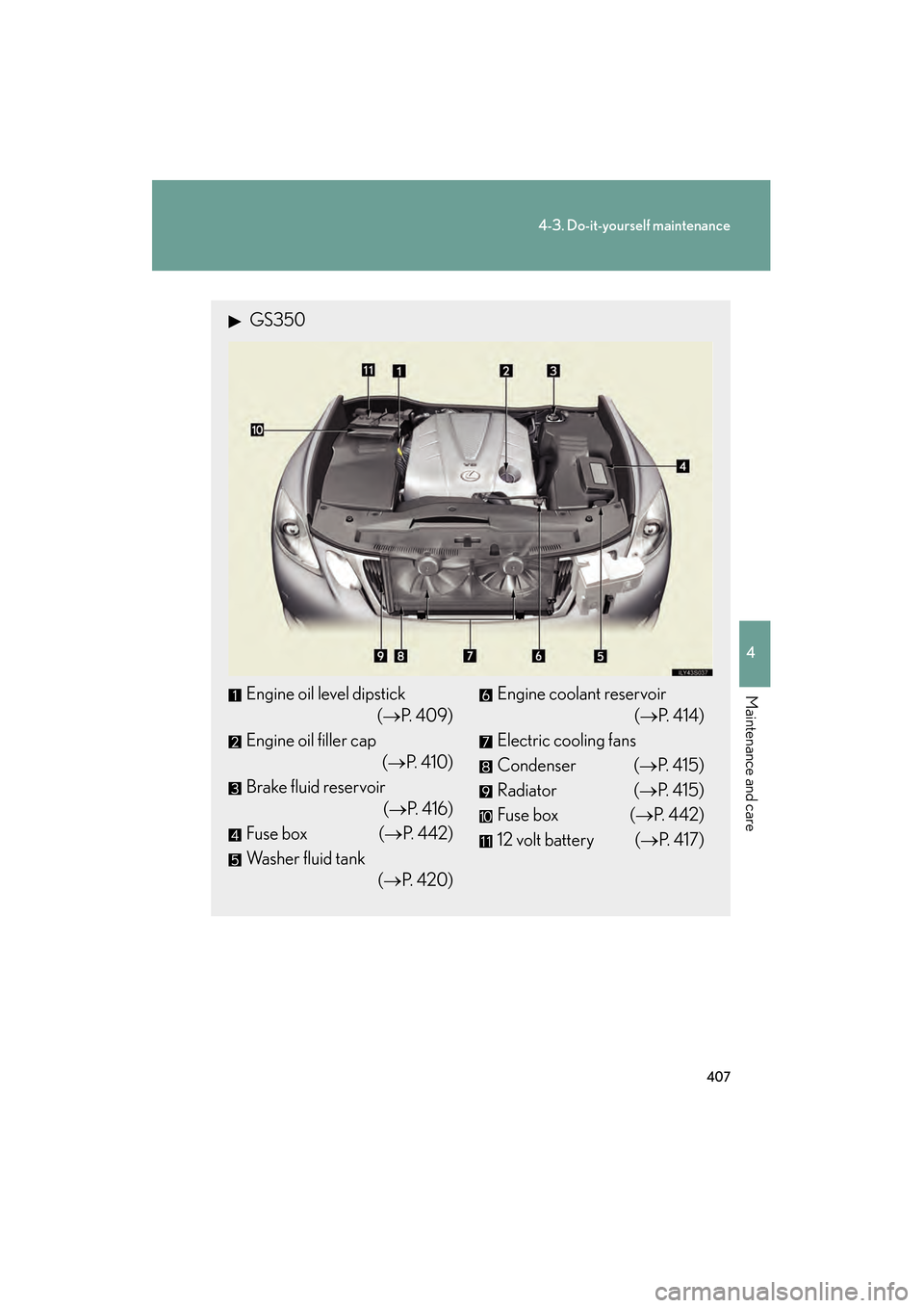 Lexus GS350 2008 Owners Manual 407
4-3. Do-it-yourself maintenance
4
Maintenance and care
GS_G_U
June 19, 2008 12:54 pm
GS350
Engine oil level dipstick(→P. 4 0 9 )
Engine oil filler cap (→P. 4 1 0 )
Brake fluid reservoir ( Lexus GS350 2008 Owners Manual 407
4-3. Do-it-yourself maintenance
4
Maintenance and care
GS_G_U
June 19, 2008 12:54 pm
GS350
Engine oil level dipstick(→P. 4 0 9 )
Engine oil filler cap (→P. 4 1 0 )
Brake fluid reservoir (