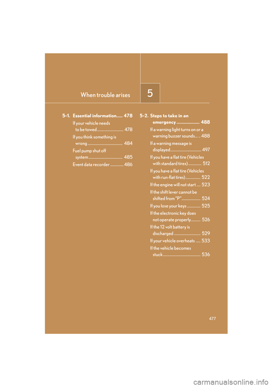 Lexus GS350 2008  Owners Manual When trouble arises5
477
GS_G_U
June 19, 2008 12:54 pm
5-1. Essential information..... 478If your vehicle needs to be towed ............................  478
If you think something is  wrong .........