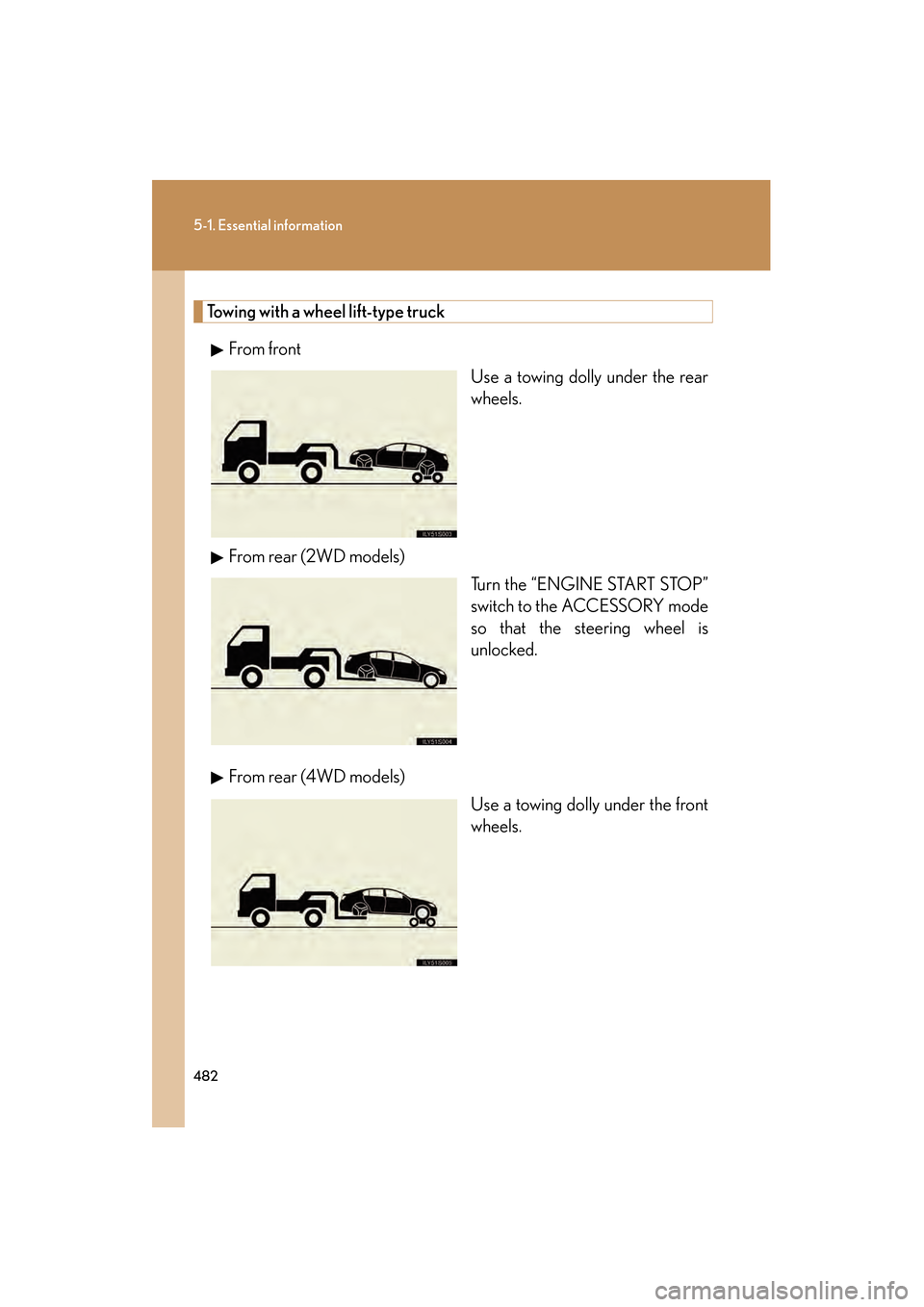 Lexus GS350 2008  Owners Manual 482
5-1. Essential information
GS_G_U
June 19, 2008 12:54 pm
Towing with a wheel lift-type truckFrom front Use a towing dolly under the rear
wheels.
From rear (2WD models) Turn the “ENGINE START STO