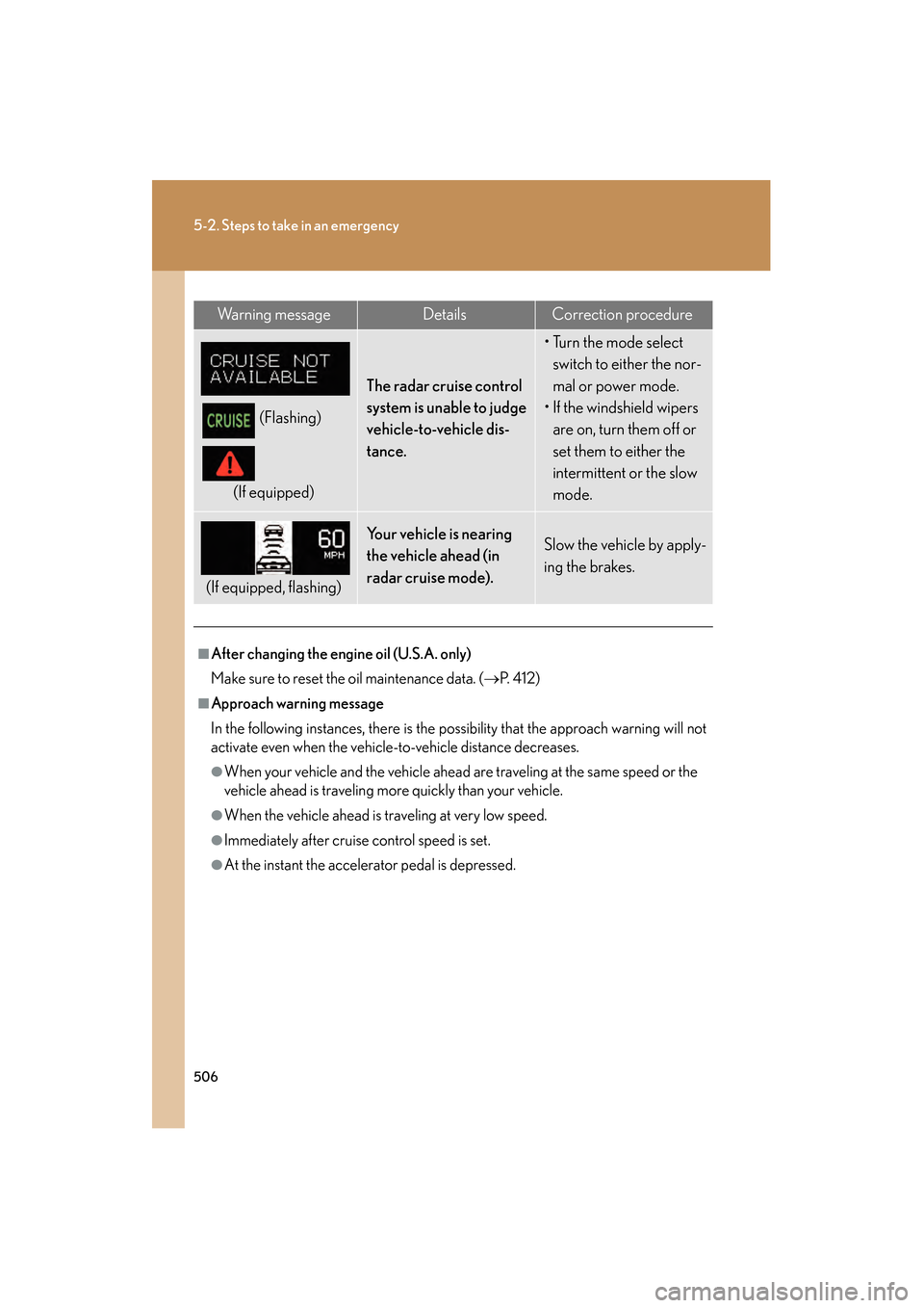 Lexus GS350 2008 Owners Manual 506
5-2. Steps to take in an emergency
GS_G_U
June 19, 2008 12:54 pm
Wa r n i n g m e s s a g eDetailsCorrection procedure
(Flashing)
(If equipped)
The radar cruise control
system is unable to judge Lexus GS350 2008 Owners Manual 506
5-2. Steps to take in an emergency
GS_G_U
June 19, 2008 12:54 pm
Wa r n i n g m e s s a g eDetailsCorrection procedure
(Flashing)
(If equipped)
The radar cruise control
system is unable to judge