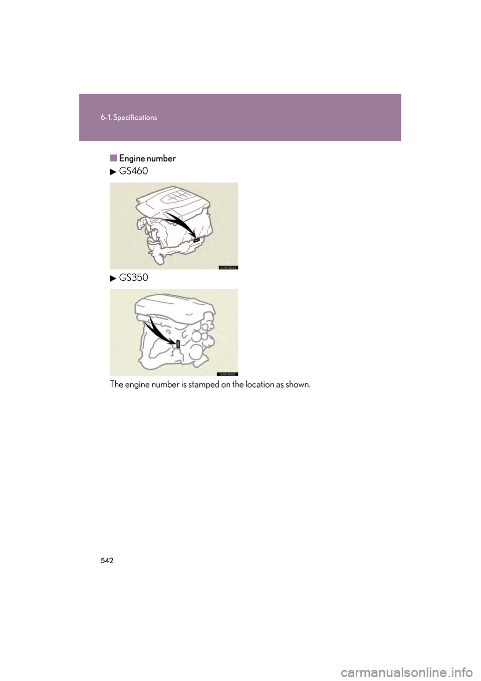 Lexus GS350 2008  Owners Manual 542
6-1. Specifications
GS_G_U
June 19, 2008 12:54 pm
■Engine number
GS460
GS350
The engine number is stamped on the location as shown. 
GS_U_G.book  Page 542  Thursday, June 19, 2008  12:54 PM 