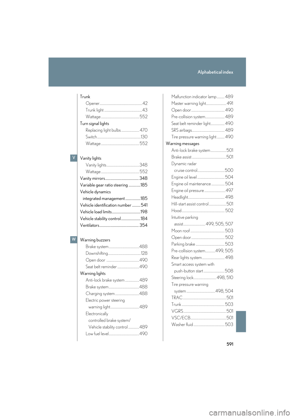 Lexus GS350 2008 Service Manual 591
Alphabetical index
GS_G_U
June 19, 2008 12:54 pm
TrunkOpener....................................................... 42
Trunk light .................................................43
Wattage .....