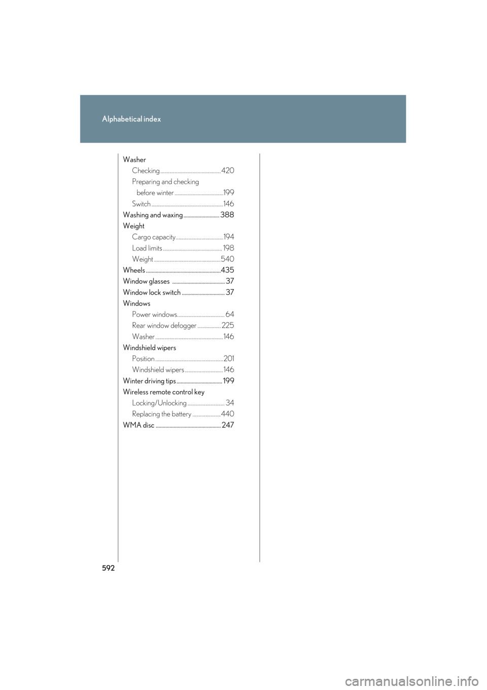 Lexus GS350 2008  Owners Manual 592
Alphabetical index
GS_G_U
June 19, 2008 12:54 pm
WasherChecking ............................................... 420
Preparing and checking before winter ......................................199
S