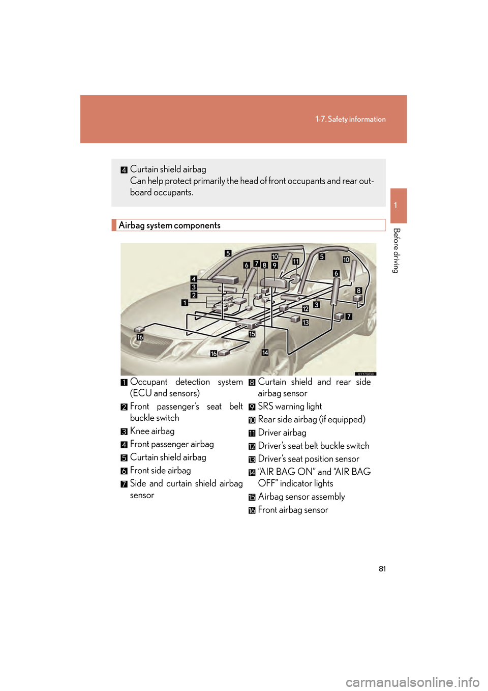 Lexus GS350 2008 Owners Manual 81
1-7. Safety information
1
Before driving
GS_G_U
June 19, 2008 12:54 pm
Airbag system components
Occupant detection system
(ECU and sensors)
Front passenger’s seat belt
buckle switch
Knee airbag
F Lexus GS350 2008 Owners Manual 81
1-7. Safety information
1
Before driving
GS_G_U
June 19, 2008 12:54 pm
Airbag system components
Occupant detection system
(ECU and sensors)
Front passenger’s seat belt
buckle switch
Knee airbag
F