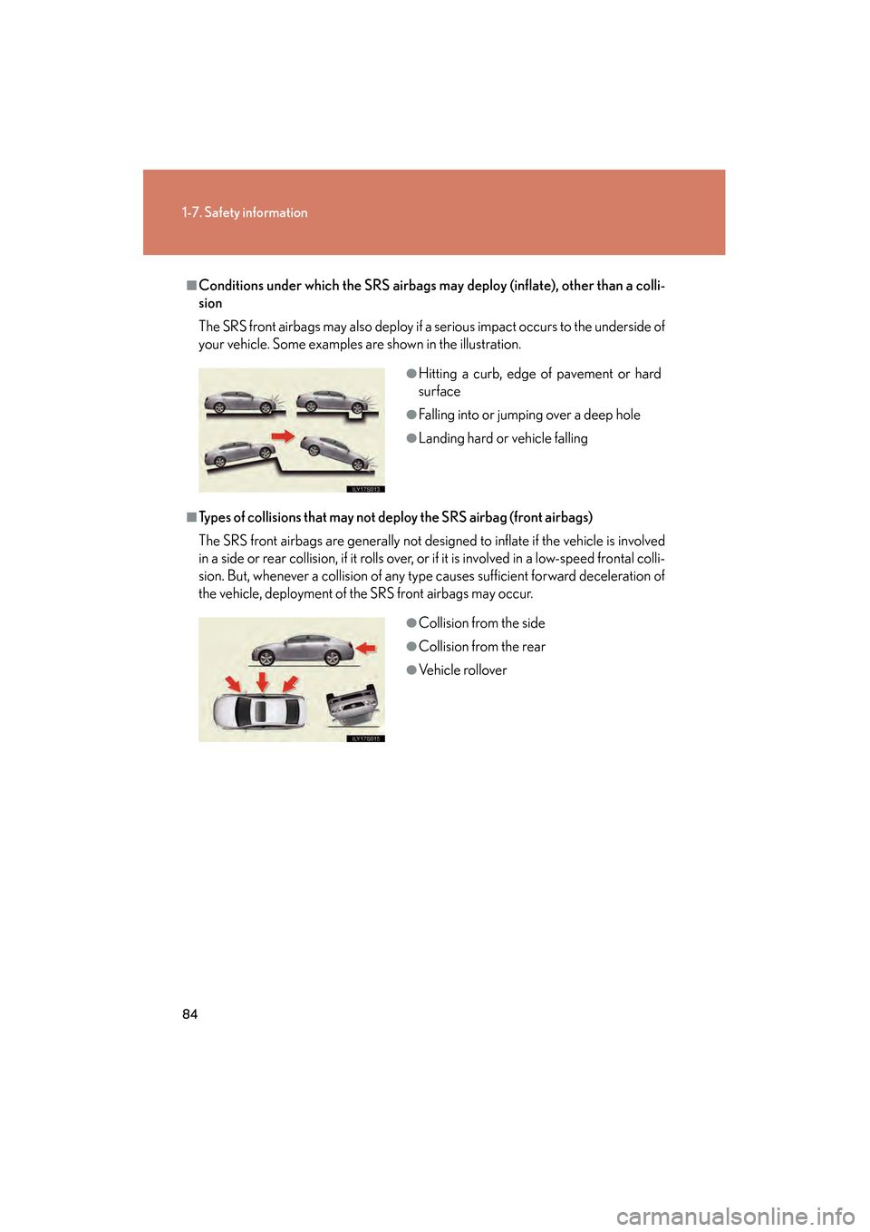 Lexus GS350 2008 Manual Online 84
1-7. Safety information
GS_G_U
June 19, 2008 12:54 pm
■Conditions under which the SRS airbags may deploy (inflate), other than a colli-
sion
The SRS front airbags may also deploy if a serious imp