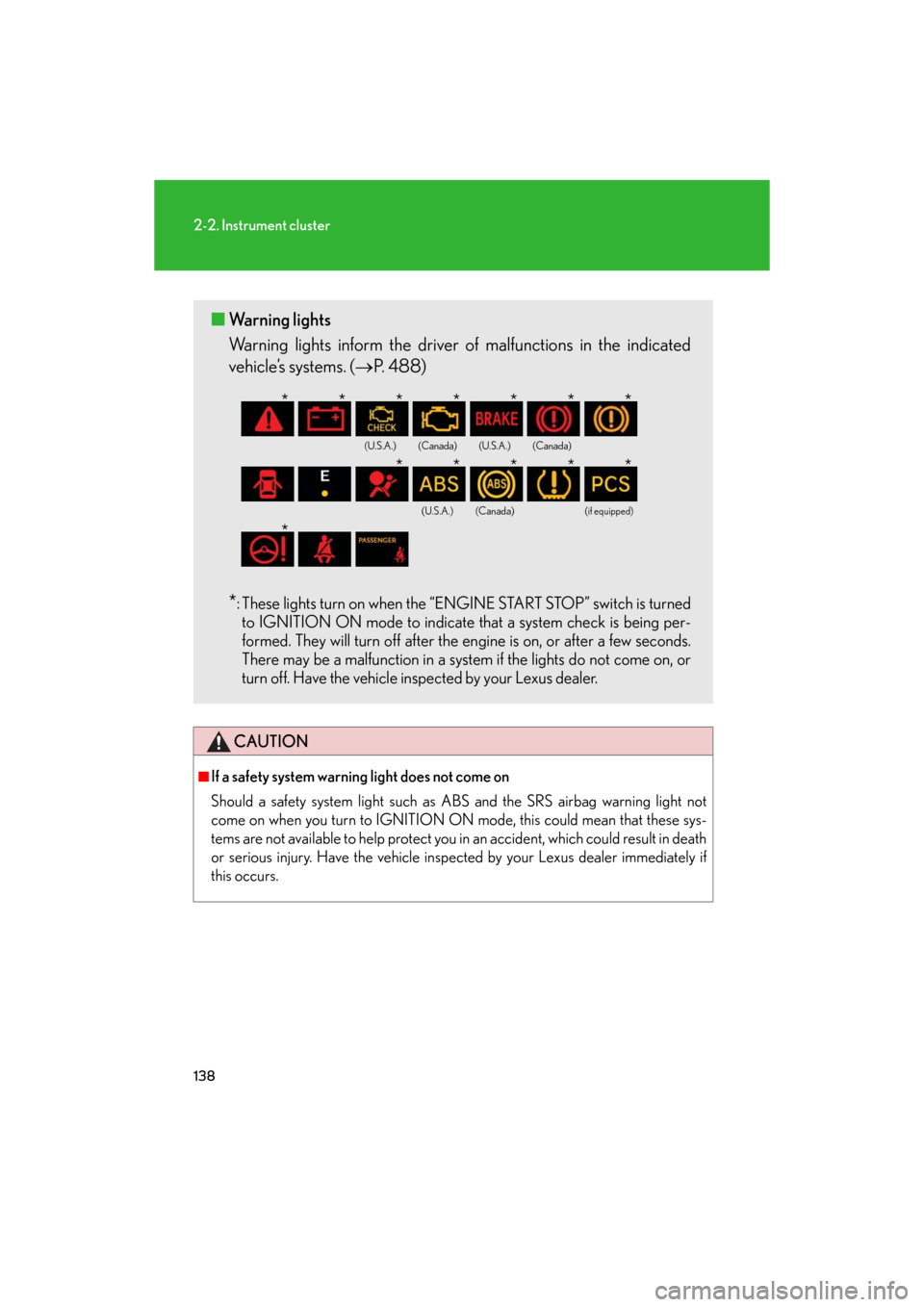 Lexus GS350 2008  Do-it-yourself maintenance / LEXUS 2008 GS460/350 OWNERS MANUAL (OM30A87U) 138
2-2. Instrument cluster
GS_G_U
May 13, 2008 5:14 pm
CAUTION
■If a safety system warning light does not come on 
Should a safety system light such as ABS and the SRS airbag warning light not 
com