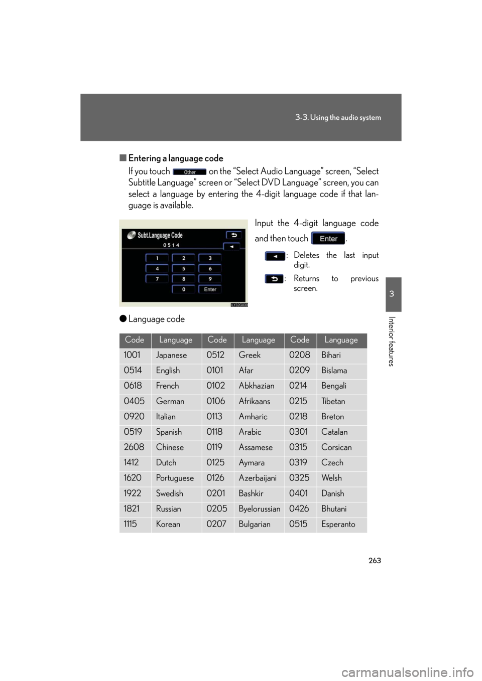Lexus GS350 2008  Do-it-yourself maintenance / LEXUS 2008 GS460/350  (OM30A87U) Owners Guide 263
3-3. Using the audio system
3
Interior features
GS_G_U
May 13, 2008 5:14 pm
■Entering a language code
If you touch   on the “Select Audio Language” screen, “Select 
Subtitle Language” sc