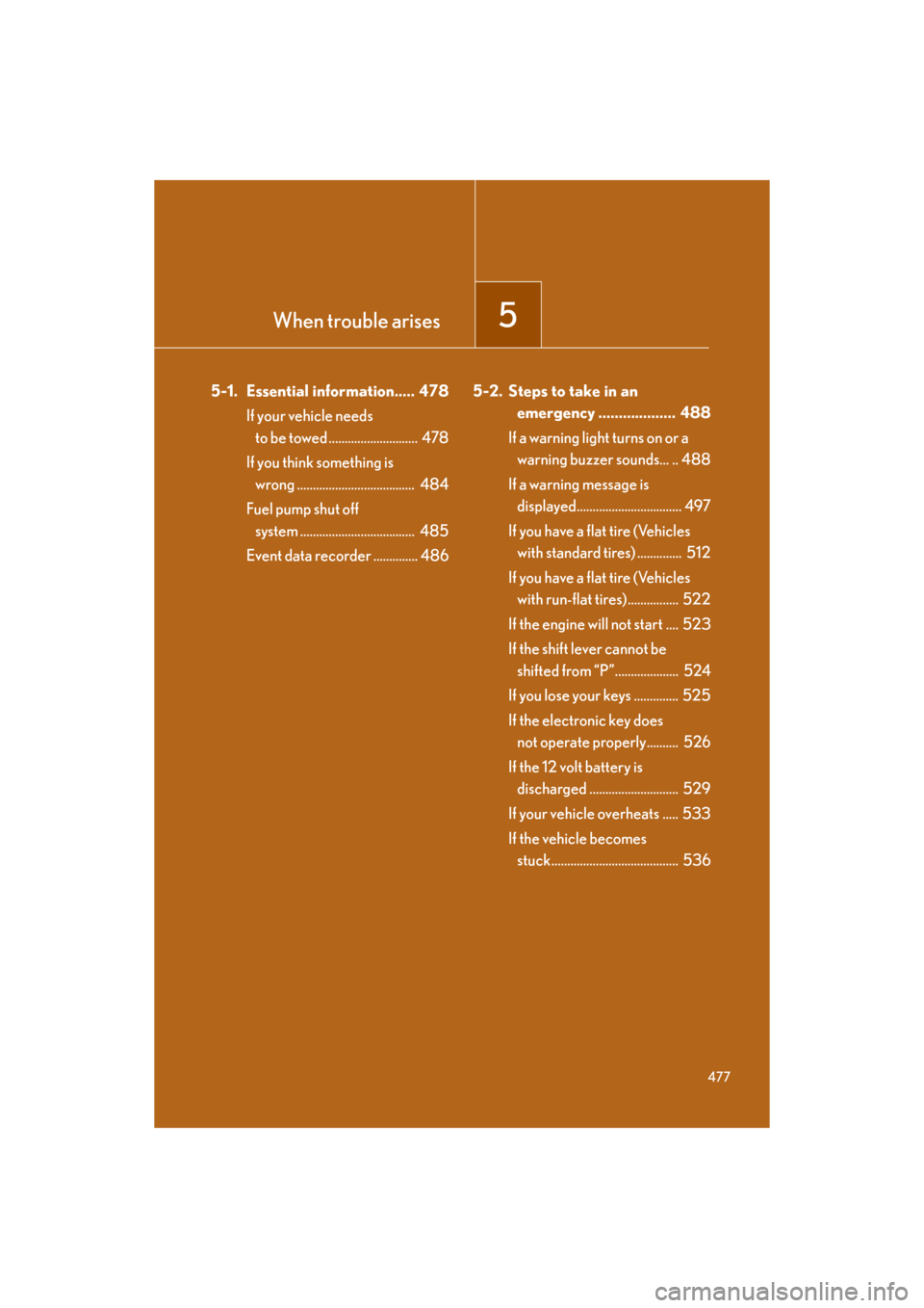 Lexus GS350 2008 Do-it-yourself maintenance / LEXUS 2008 GS460/350 OWNERS MANUAL (OM30A87U) When trouble arises5
477
GS_G_U
May 13, 2008 5:14 pm
5-1. Essential information..... 478If your vehicle needs
to be towed ............................ 478
If you think something is wrong ... Lexus GS350 2008 Do-it-yourself maintenance / LEXUS 2008 GS460/350 OWNERS MANUAL (OM30A87U) When trouble arises5
477
GS_G_U
May 13, 2008 5:14 pm
5-1. Essential information..... 478If your vehicle needs
to be towed ............................ 478
If you think something is wrong ...