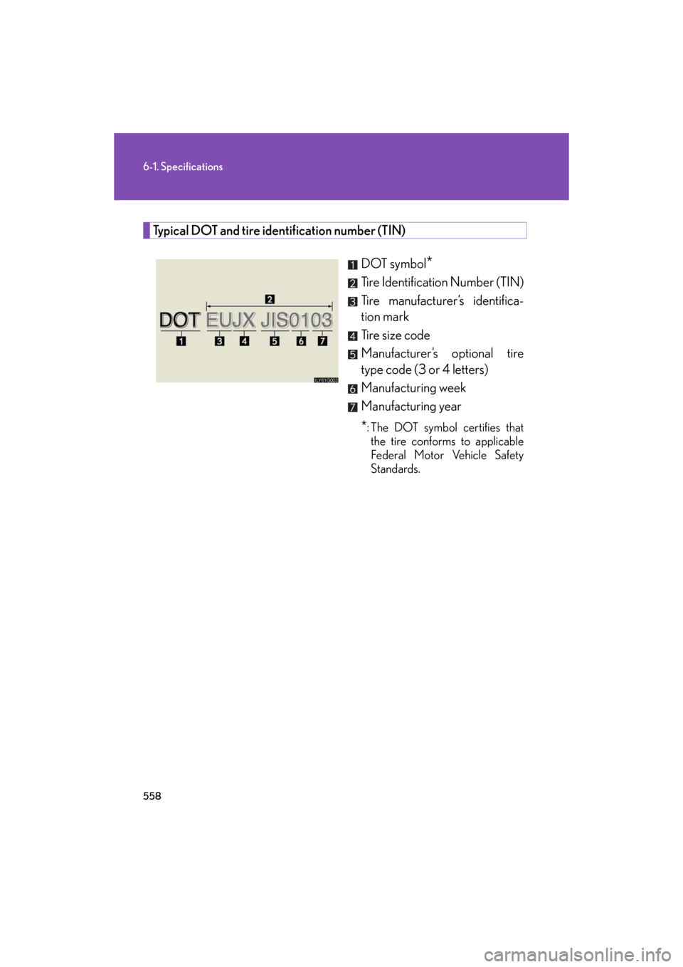 Lexus GS350 2008  Do-it-yourself maintenance / LEXUS 2008 GS460/350 OWNERS MANUAL (OM30A87U) 558
6-1. Specifications
GS_G_U
May 13, 2008 5:14 pm
Typical DOT and tire identification number (TIN)DOT symbol
*
Tire Identification Number (TIN)
Tire manufacturer’s identifica-
tion mark
Tire size 