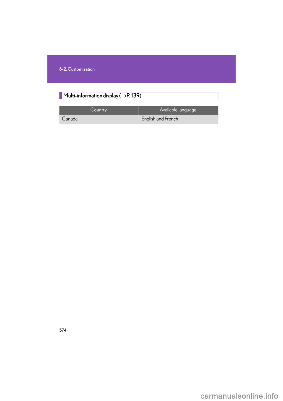 Lexus GS350 2008  Do-it-yourself maintenance / LEXUS 2008 GS460/350 OWNERS MANUAL (OM30A87U) 574
6-2. Customization
GS_G_U
May 13, 2008 5:14 pm
Multi-information display (P. 139)
CountryAvailable language
CanadaEnglish and French 