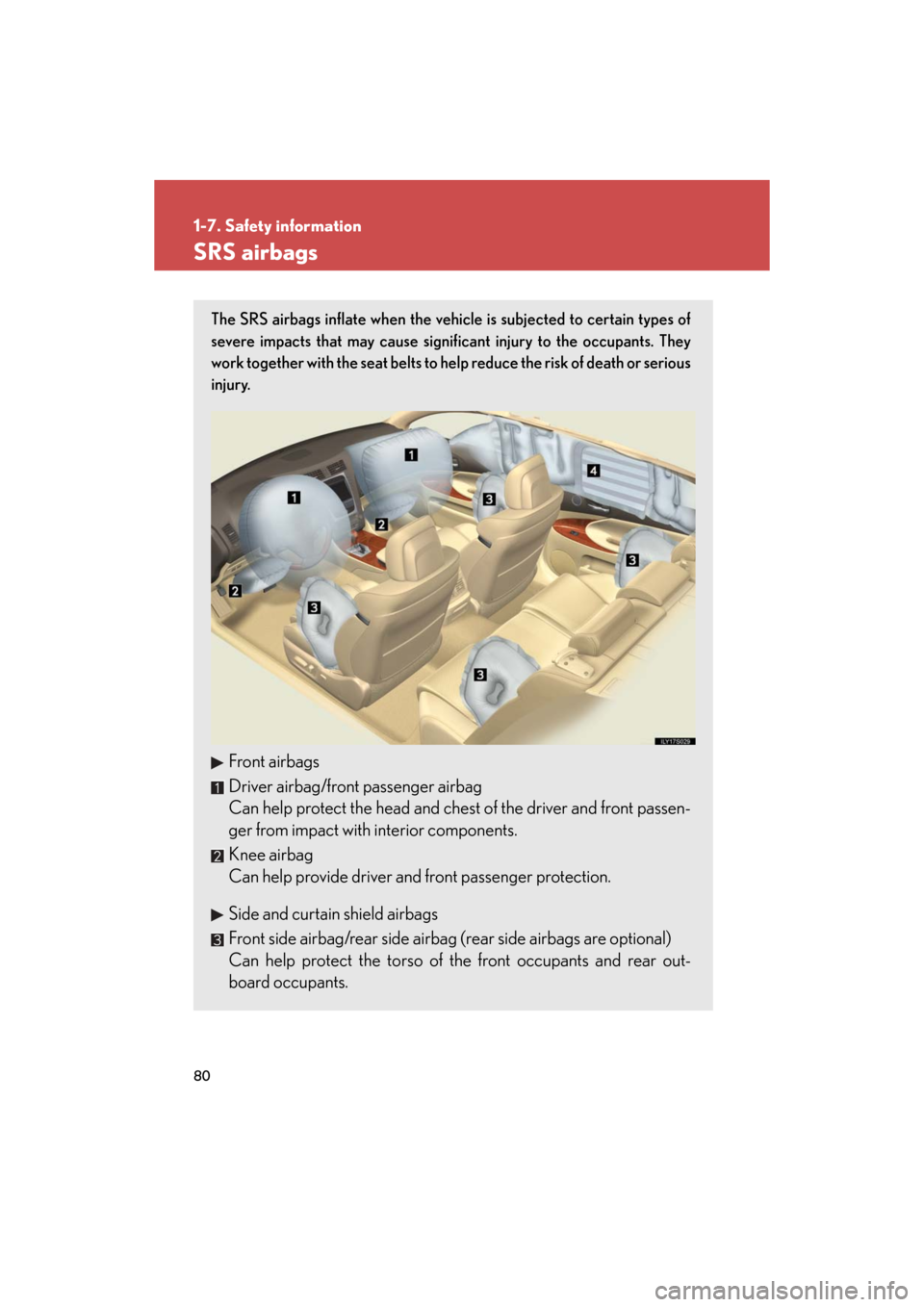 Lexus GS350 2008  Do-it-yourself maintenance / LEXUS 2008 GS460/350  (OM30A87U) Manual PDF 80
1-7. Safety information
GS_G_U
May 13, 2008 5:14 pm
SRS airbags
The SRS airbags inflate when the vehicle is subjected to certain types of 
severe impacts that may cause signific ant injury to the o