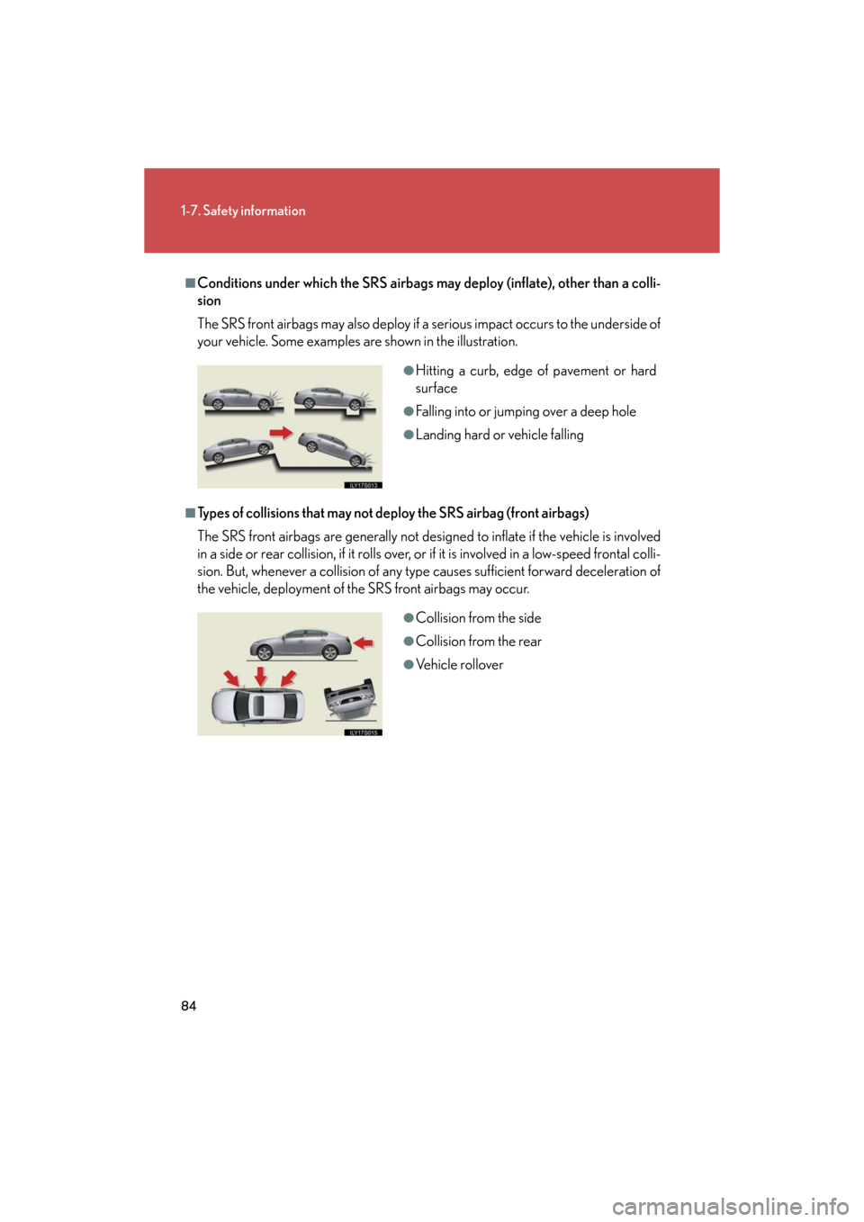 Lexus GS350 2008 Do-it-yourself maintenance / LEXUS 2008 GS460/350 (OM30A87U) Manual Online 84
1-7. Safety information
GS_G_U
May 13, 2008 5:14 pm
■Conditions under which the SRS airbags may deploy (inflate), other than a colli-
sion
The SRS front airbags may also deploy if a serious impac Lexus GS350 2008 Do-it-yourself maintenance / LEXUS 2008 GS460/350 (OM30A87U) Manual Online 84
1-7. Safety information
GS_G_U
May 13, 2008 5:14 pm
■Conditions under which the SRS airbags may deploy (inflate), other than a colli-
sion
The SRS front airbags may also deploy if a serious impac