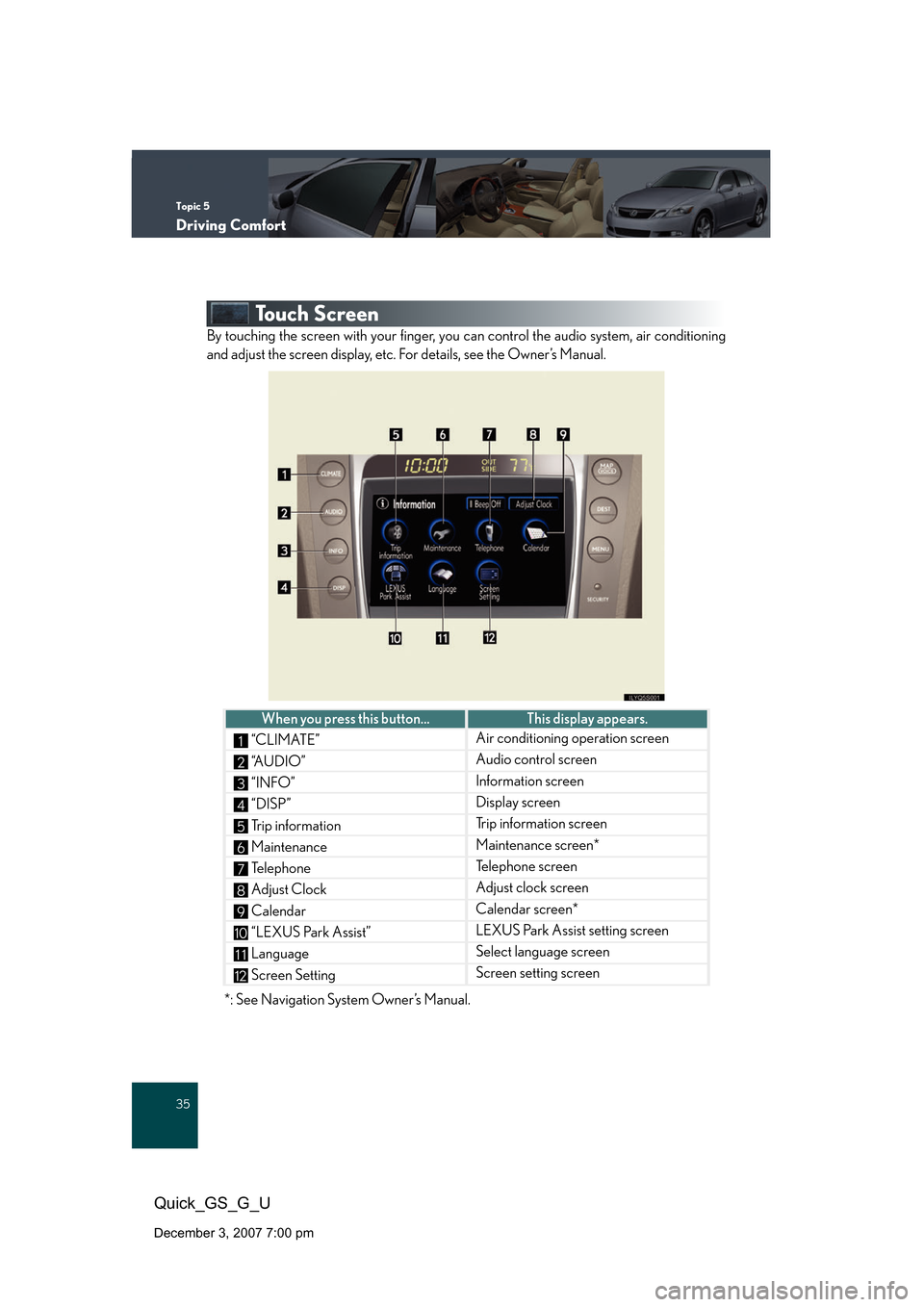 Lexus GS350 2008  Do-it-yourself maintenance / LEXUS 2008 GS460/350 QUICK GUIDE OWNERS MANUAL (OM30B04U) Topic 5
Driving Comfort
35
Quick_GS_G_U
December 3, 2007 7:00 pm
Touch Screen
By touching the screen with your finger, you can control the audio system, air conditioning 
and adjust the screen display